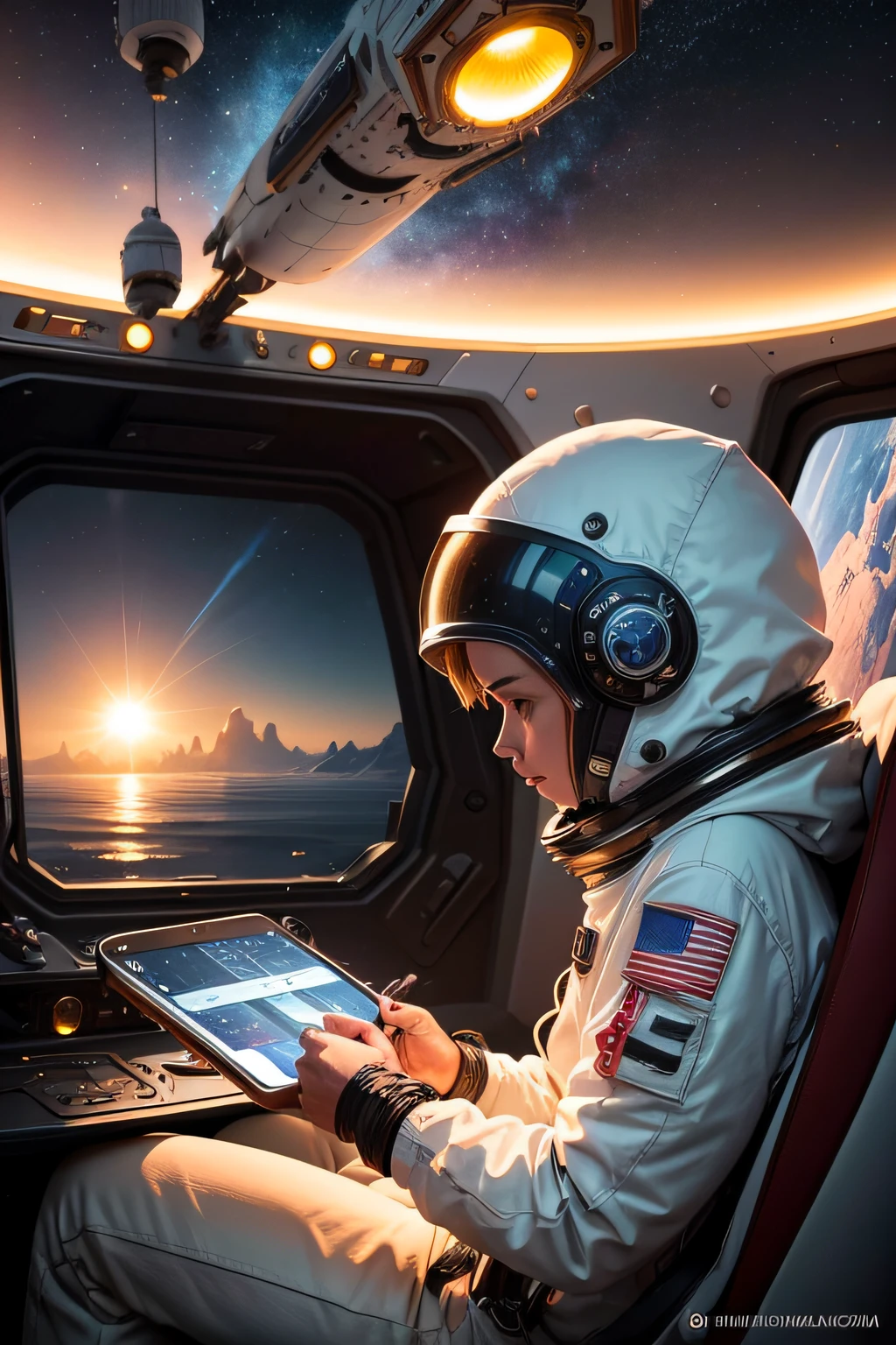 Arafed Woman on a Space Station Looking at a Cell Phone, Mujer poderosa sentada en el espacio, Chica en el espacio, Retrato Anime Space Cadet Girl, Piloting a small space shuttle, en una nave espacial, en una nave espacial futurista, Sentado triste en la nave espacial, en la cabina de una nave espacial, on a spacestation, Chica mira el espacio, viaje espacial, de viajes espaciales