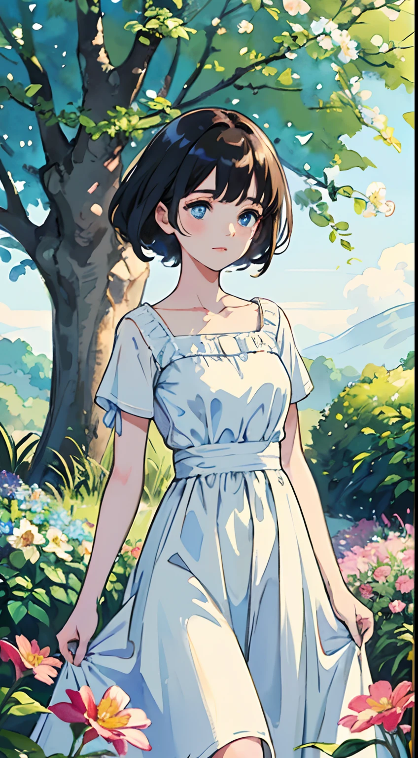 (Watercolor in Sargent style)、(top-quality、​masterpiece)、Soft light、(bright and sharp blue eyes), (flowing white dress), (Set in lively gardens), (surrounded by blooming flowers and lush greenery), (Warm light and gentle sunshine), (A subtle breeze rustles her hair softly), [Soft pastel colors], [Impressionist brush strokes], [dreamy ambiance], (captivating and mesmerizing).