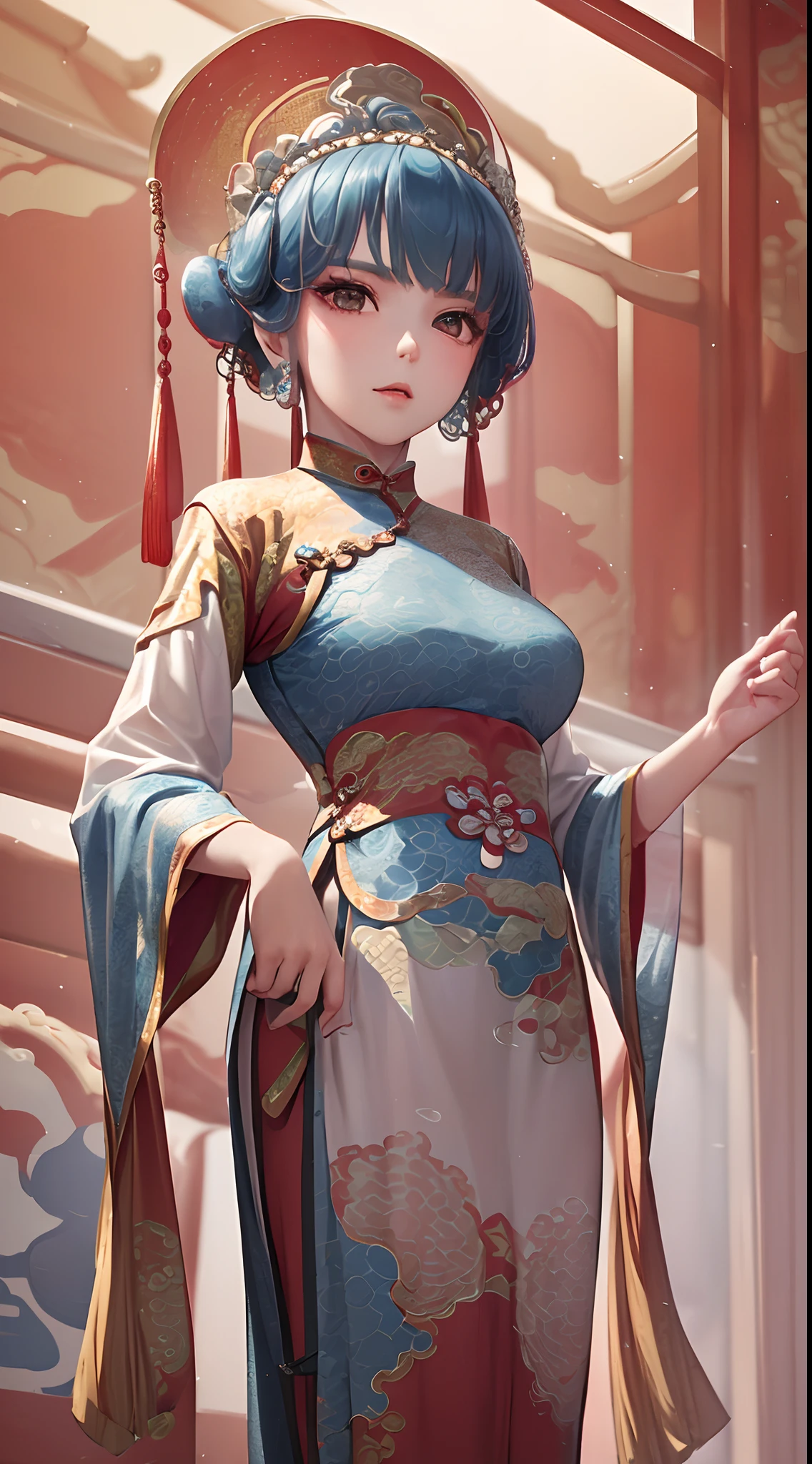 (a girl,solo,wearing Beijing opera costumes clothes:1.45),Intricate Crown and embroidered clothing,Simple brushstrokes, simple style, clean visuals, beautiful girls, incredibly beautiful,splash oil inks Landscape Painting as Background