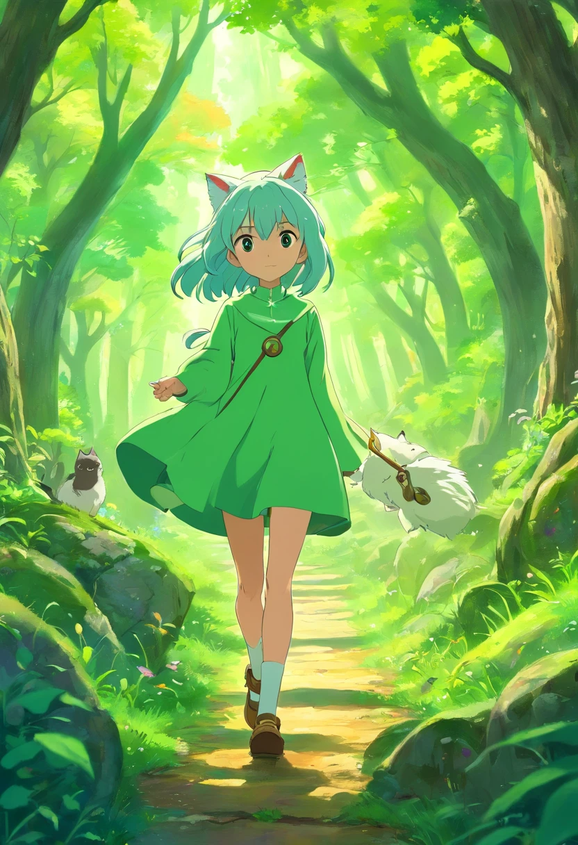 protetor da floresta, usa arco em flecha, peele branca cabelo escuro com mechas verdes, Straight hair EE falls down to the neck, tem orelha de gato, feneeko, eele tem panos variasdos como cachecois que passam pelo seu corpo/cintura