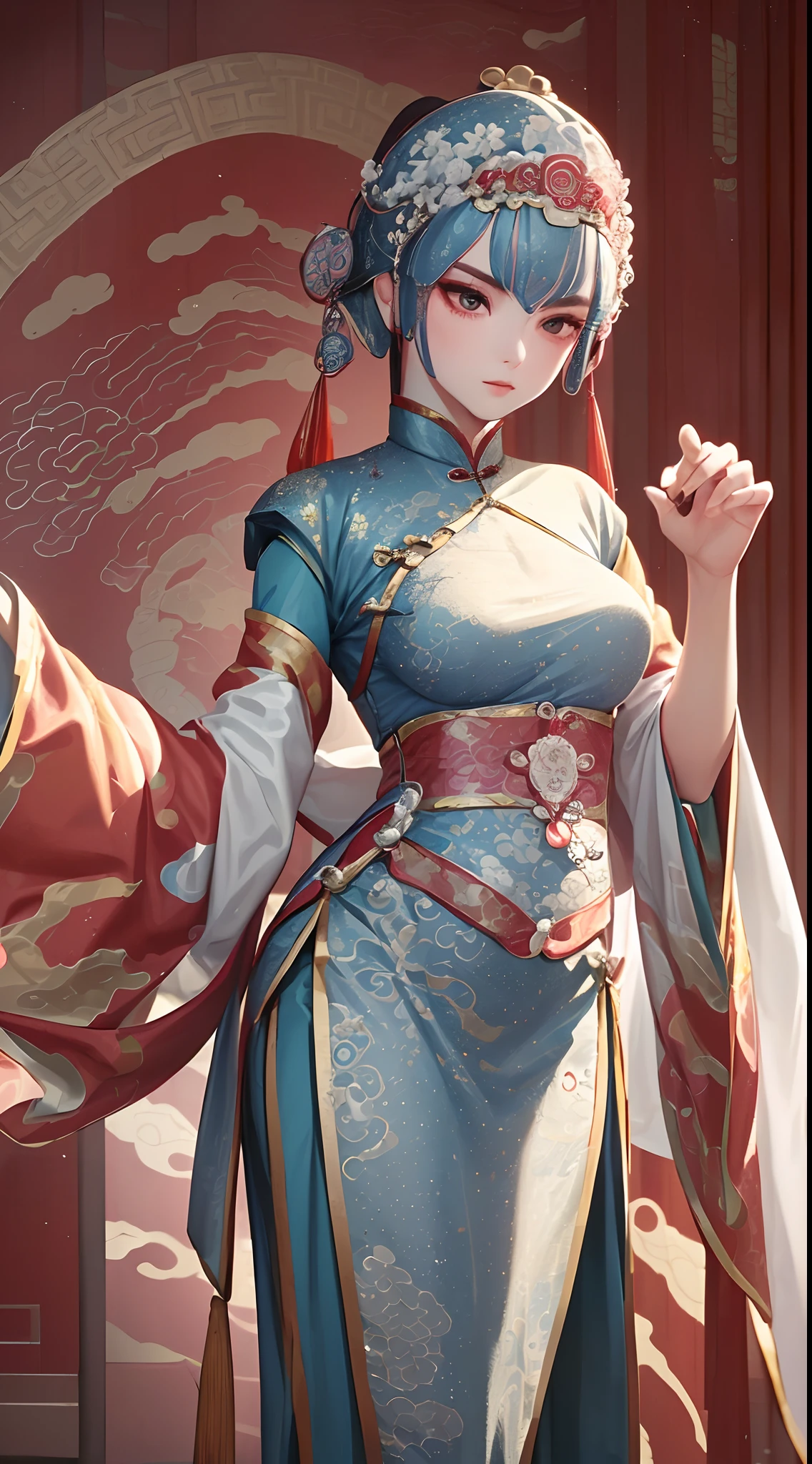 (a girl,solo,wearing Beijing opera costumes clothes:1.45),Intricate Crown and embroidered clothing,Simple brushstrokes, simple style, clean visuals, beautiful girls, incredibly beautiful,splash oil inks Landscape Painting as Background