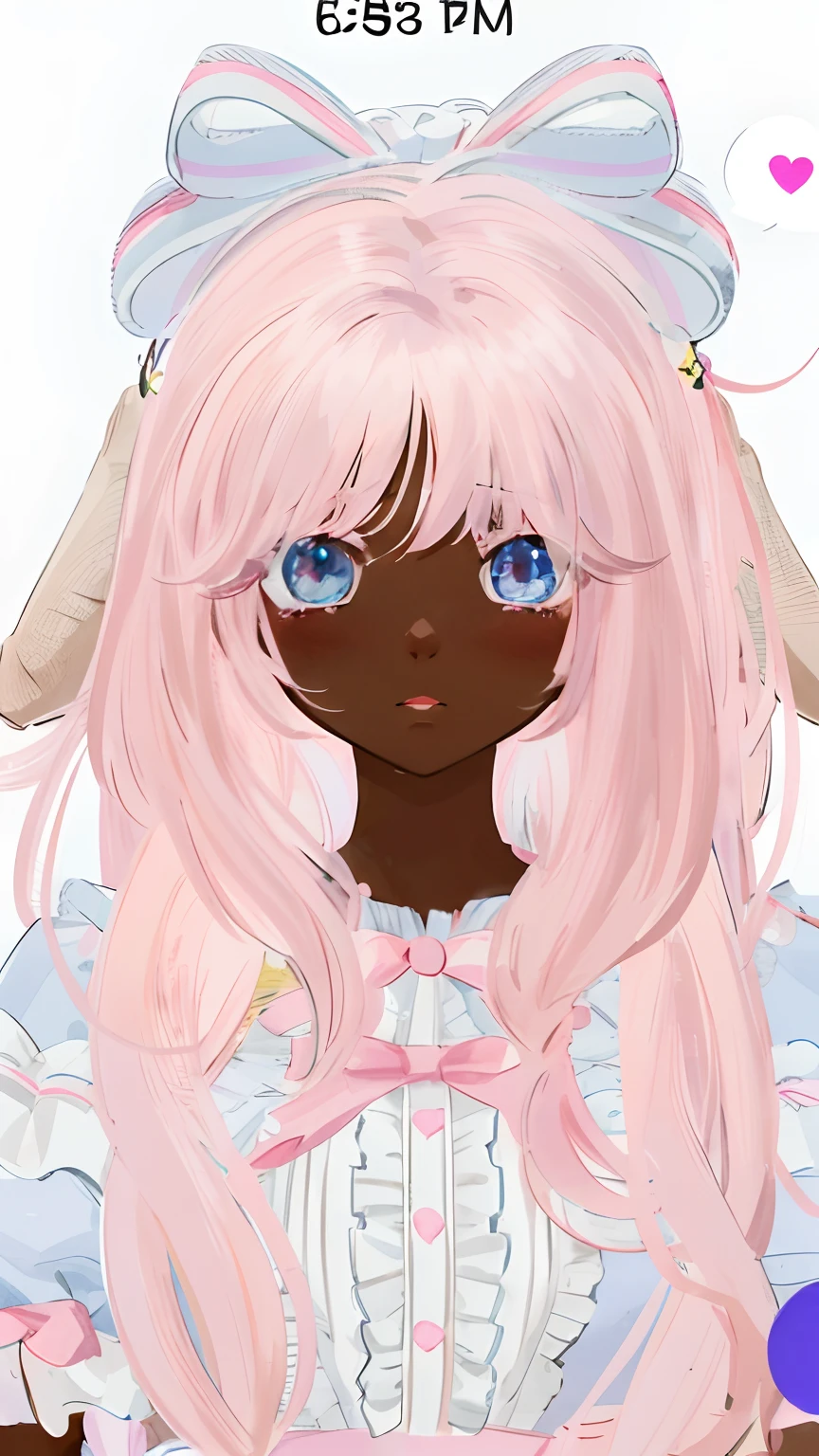 anime girl with pink hair and blue eyes and a pink dress, pink twintail hair and cyan eyes, kawaii realistic portrait, detailed anime soft face, ddlc, imvu, anime girl with cat ears, fluffy pink anime clouds, , with very highly detailed face, soft anime illustration, ( ( dark skin ) ), extremely cute anime girl face, anime styled