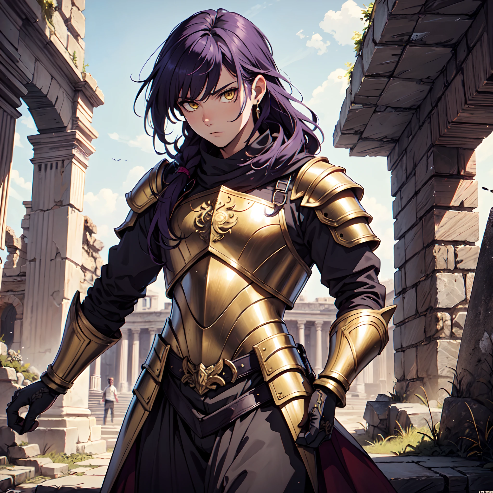 Ultra High Definition,
Ultra High Quality,
Hyper Definition,
Hyper Quality,
Hyper Detailed,
Extremely Detailed,
Perfectly Detailed,
8k,
1 Boy,
Long Purple Hair,
Under Cut Hairstyle,
Solid Yellow Eyes,
Handsome,
Armored With Roman Emperor Armor,
Ancient Roman Empire Ruins Background,