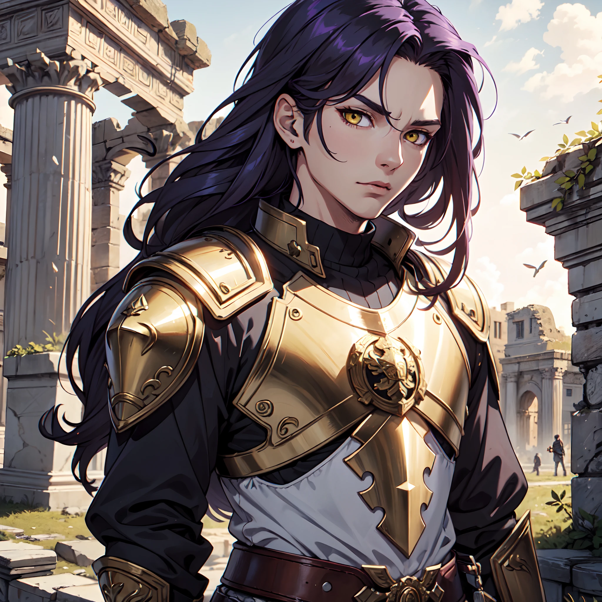 Ultra High Definition,
Ultra High Quality,
Hyper Definition,
Hyper Quality,
Hyper Detailed,
Extremely Detailed,
Perfectly Detailed,
8k,
1 Boy,
Long Purple Hair,
Under Cut Hairstyle,
Solid Yellow Eyes,
Handsome,
Armored With Roman Emperor Armor,
Ancient Roman Empire Ruins Background,