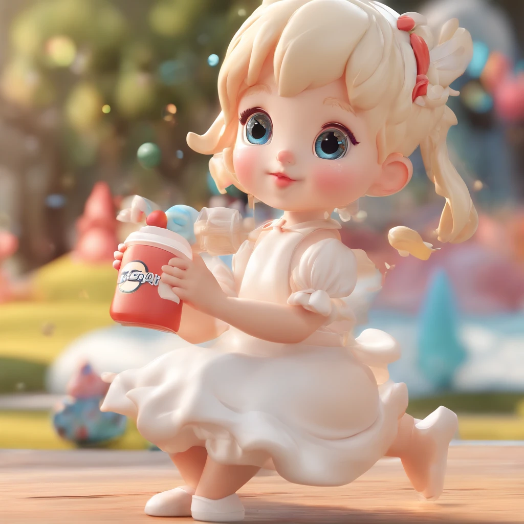 while milk drinking, Super Cute Girl IP from Pop Mart, bright-eyed, cherub,Small white dress, clay, Model, Blind Box Toys, Glossy and delicate,Clean background, Good gloss, 3d rendered,Best Quality