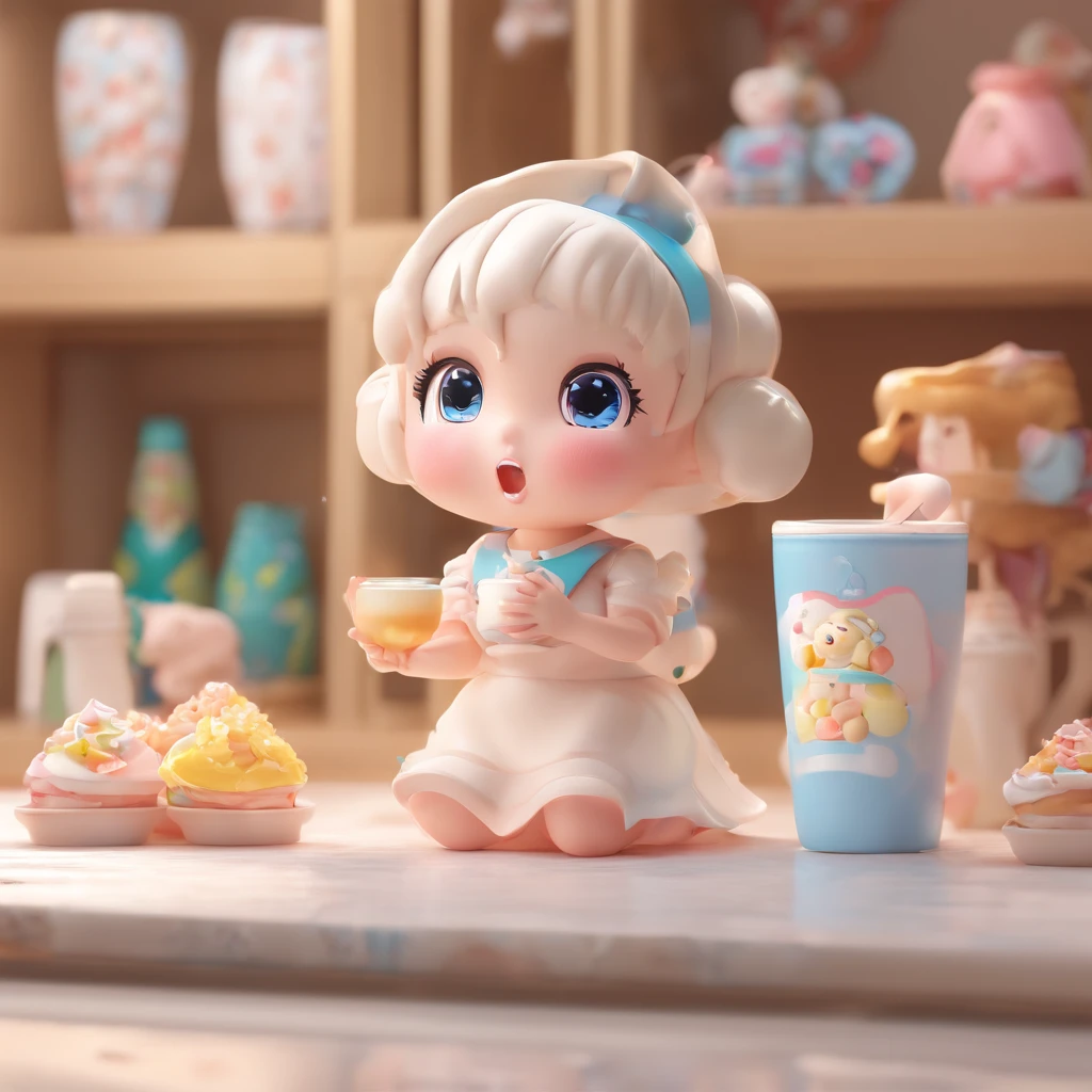 while milk drinking, Super Cute Girl IP from Pop Mart, bright-eyed, cherub,Small white dress, clay, Model, Blind Box Toys, Glossy and delicate,Clean background, Good gloss, 3d rendered,Best Quality