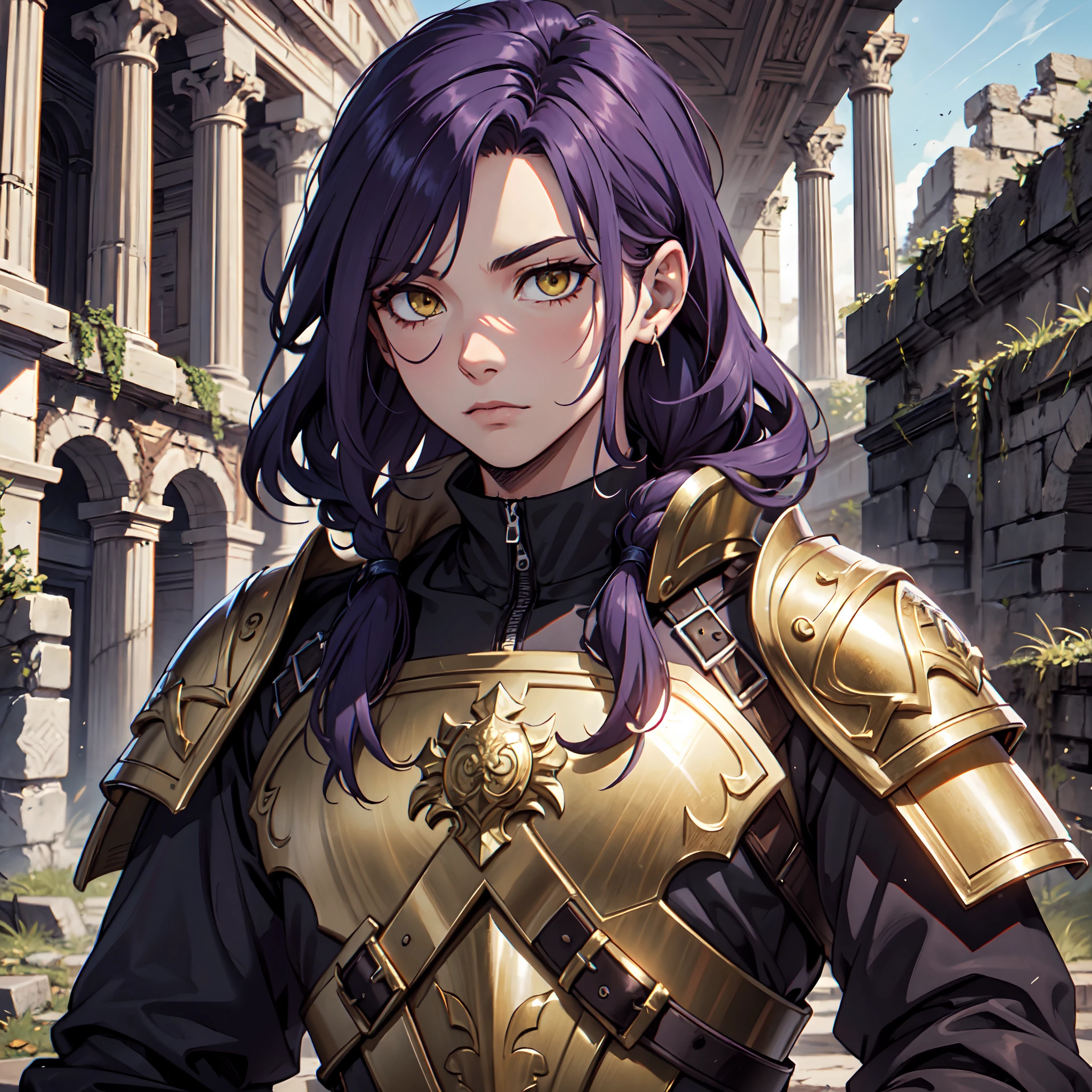 Ultra High Definition,
Ultra High Quality,
Hyper Definition,
Hyper Quality,
Hyper Detailed,
Extremely Detailed,
Perfectly Detailed,
8k,
1 Boy,
Long Purple Hair,
Under Cut Hairstyle,
Solid Yellow Eyes,
Handsome,
Armored With Roman Emperor Armor,
Ancient Roman Empire Ruins Background,