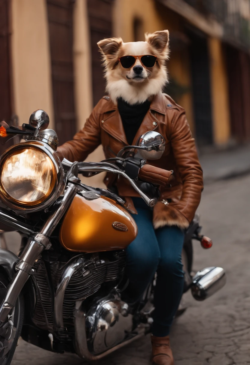 Cachorro estilizado, sunglasses, jaqueta de couro, andando de motocicleta, fundo transparente
