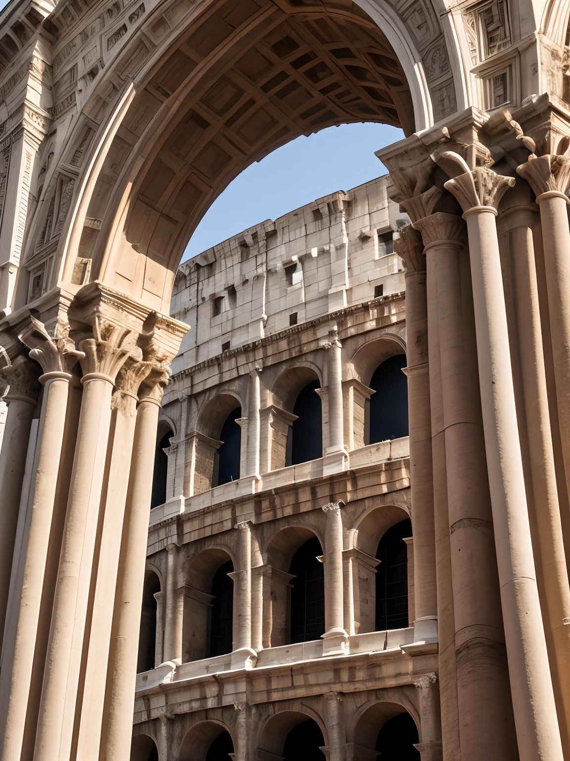 A close-up of the Colosseum's intricate facade, highlighting its arches and columns. 8k hyperrealistic