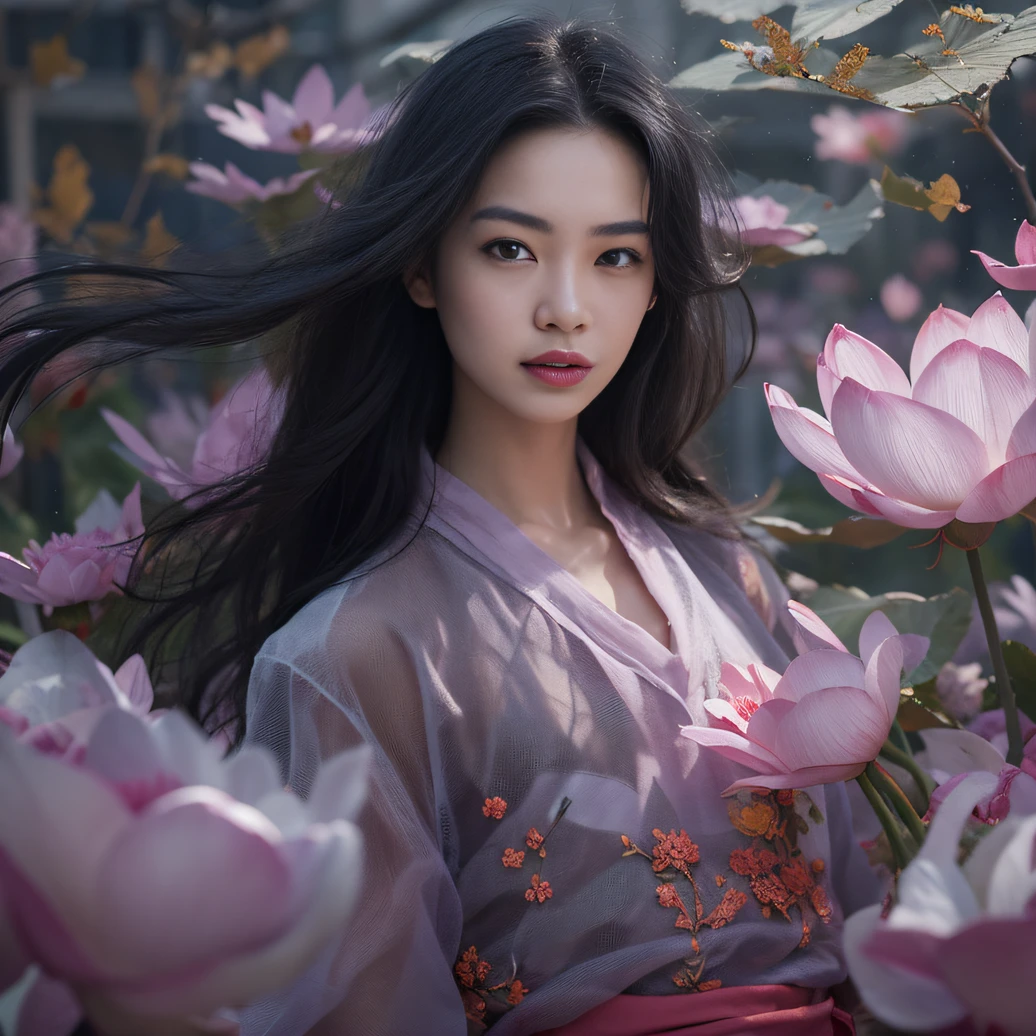 32K（tmasterpiece，k hd，hyper HD，32K）Long flowing black hair，ponds，zydink， a color， Aozhou people （Concubine girl）， （Purple silk scarf）， Combat posture， looking at the ground， long whitr hair， Floating hair， Carp pattern headdress， Chinese long-sleeved clothing， （Abstract gouache splash：1.2）， Pink petal background，Pink and white lotus flowers fly（realisticlying：1.4），Black color hair，Fallen leaves flutter，The background is pure， A high resolution， the detail， RAW photogr， Sharp Re， Nikon D850 Film Stock Photo by Jefferies Lee 4 Kodak Portra 400 Camera F1.6 shots, Rich colors, ultra-realistic vivid textures, Dramatic lighting, Unreal Engine Art Station Trend, cinestir 800，Long flowing black hair，Denim skirt