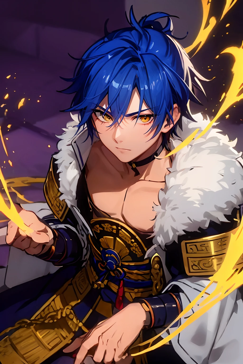 Naotora Takeda, Orient, masterpiece, best quality, high quality, 1boy, solo, male focus, blue spiky hair, Yellow eyes, Scar face, Wearing what looks like traditional samurai armor in light blue.