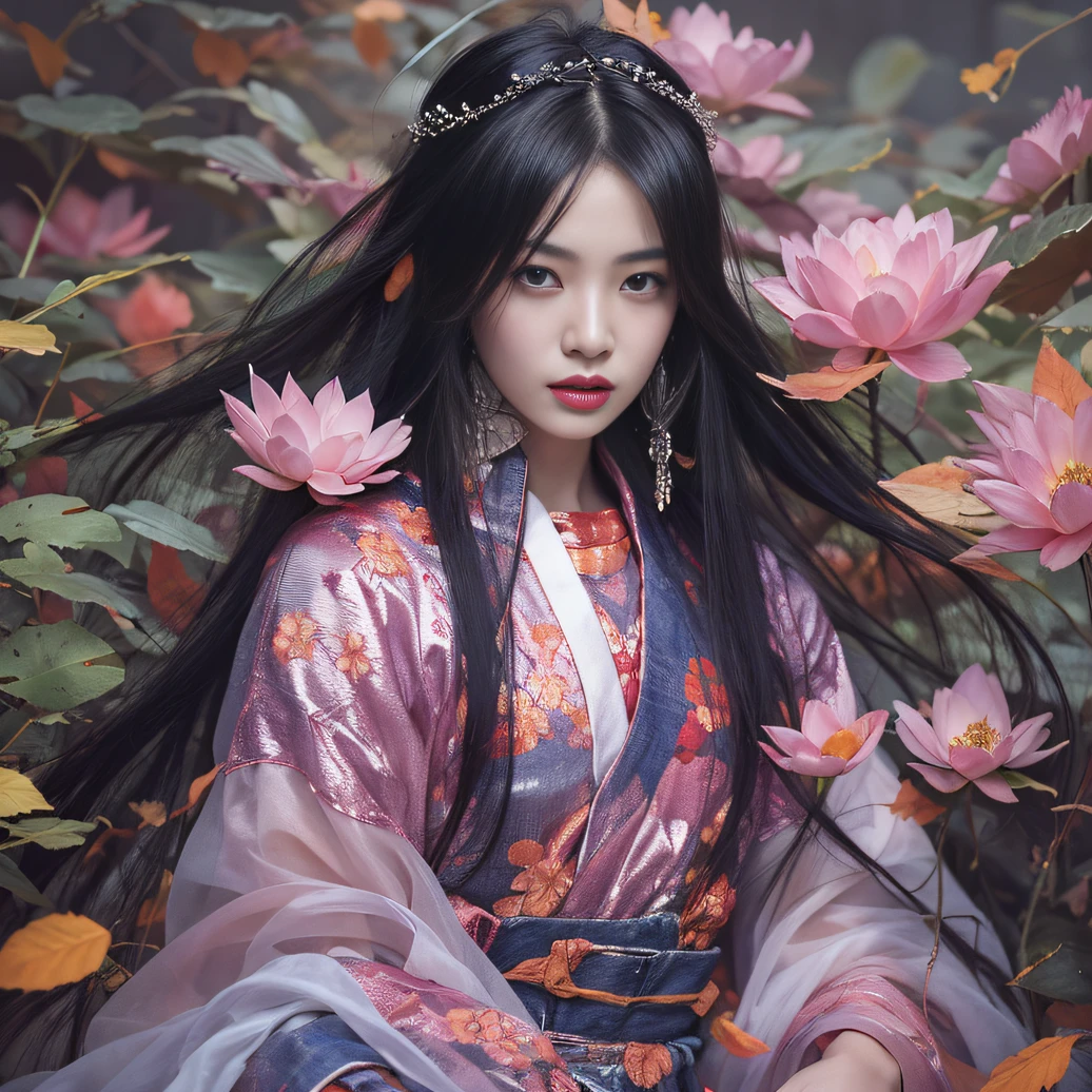 32K(tmasterpiece,k hd,hyper HD,32K)Long flowing black hair,ponds,zydink, a color, Aozhou people (Concubine girl), (Purple silk scarf), Combat posture, looking at the ground, long whitr hair, Floating hair, Carp pattern headdress, Chinese long-sleeved clothing, (Abstract gouache splash:1.2), Pink petal background,Pink and white lotus flowers fly(realisticlying:1.4),Black color hair,Fallen leaves flutter,The background is pure, A high resolution, the detail, RAW photogr, Sharp Re, Nikon D850 Film Stock Photo by Jefferies Lee 4 Kodak Portra 400 Camera F1.6 shots, Rich colors, ultra-realistic vivid textures, Dramatic lighting, Unreal Engine Art Station Trend, cinestir 800,Long flowing black hair,Denim skirt