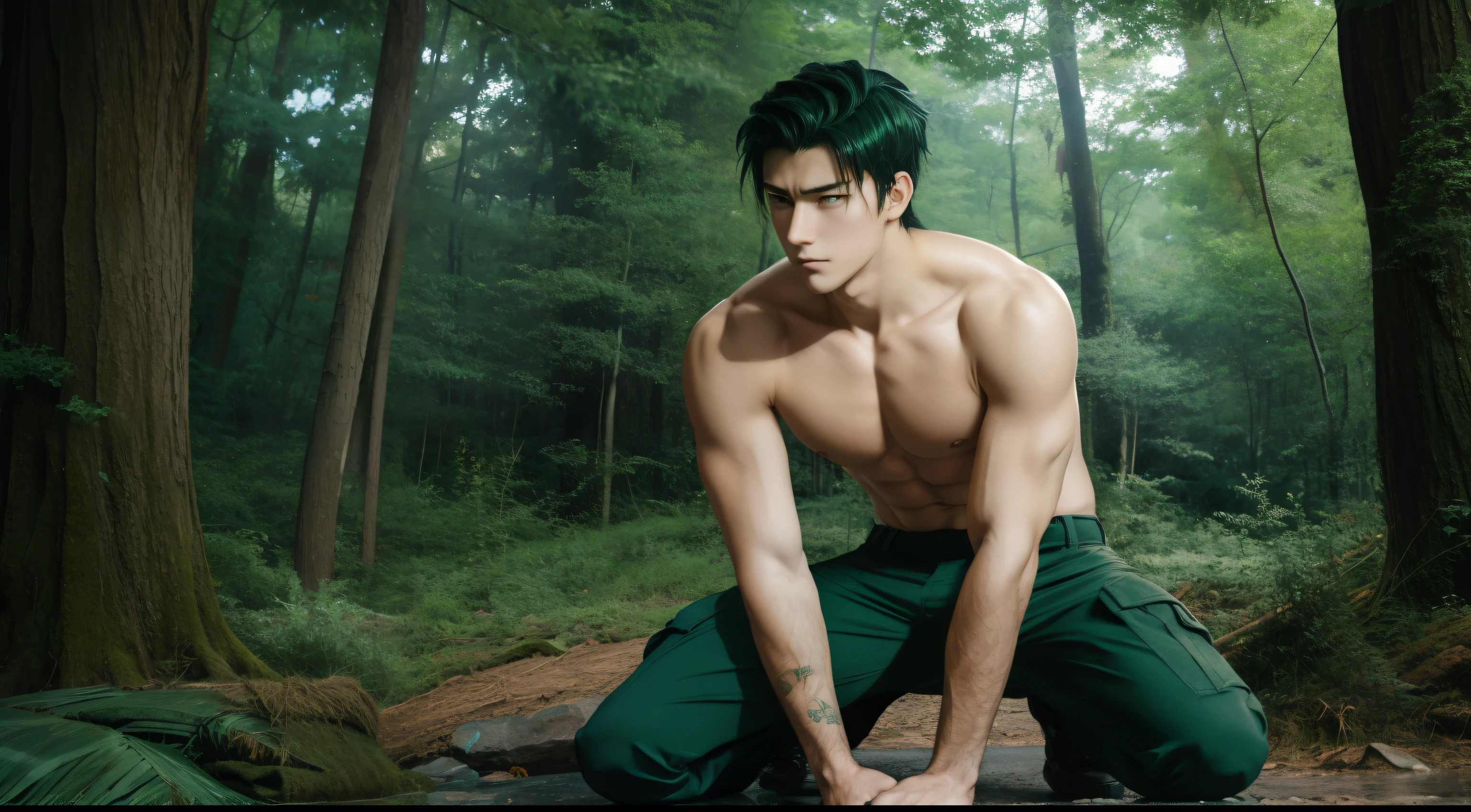 Anime, young male, forest, teenage, screensaver, caucassian masculine square face, green dark hair, cargo pants, topless, best quality, kneel