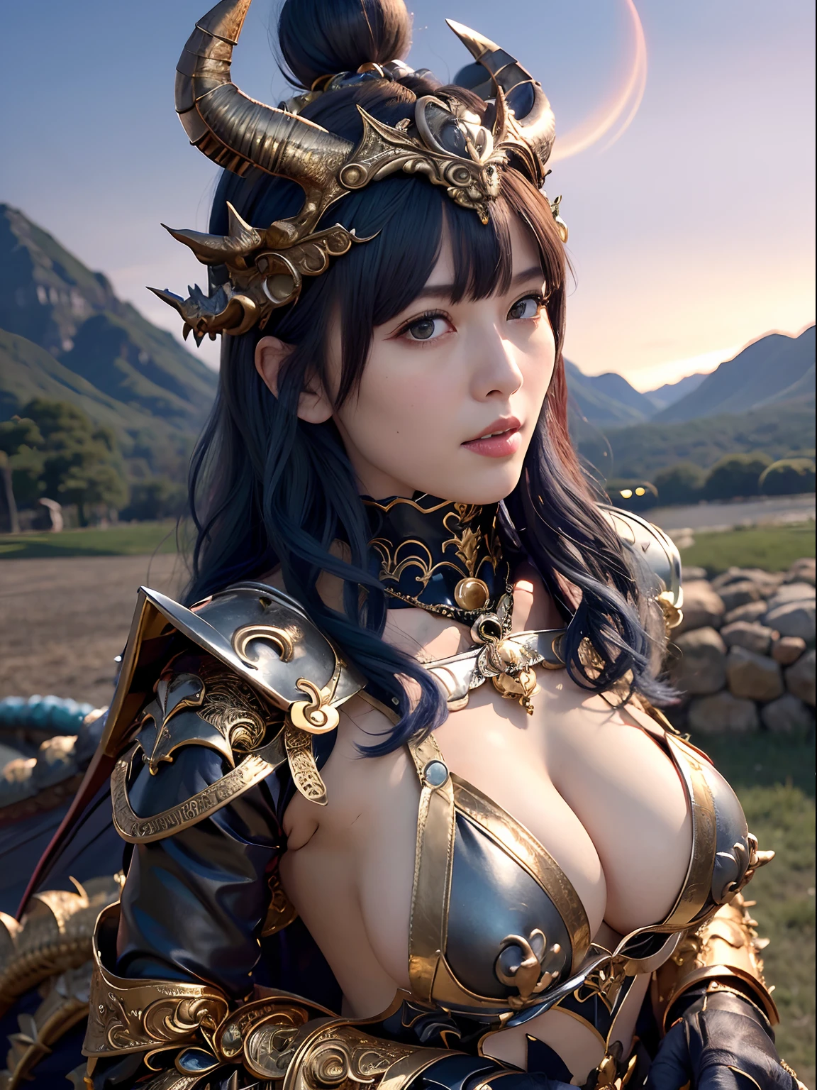 (Hold your weapon),Professional , masterpiece、top-quality、photos realistic 、(Dragon Black Metal Body:1.9),(Matte Blue Silver、(Night World)、(cleavage of the breast)、Dragon Gold Weapon、(Micro Bikini Armor:1.4),Mystical expression、Gorgeous gold weapons ,(Fight dragons)、Seductive look、(( Dragon's dense and gorgeous sword)) , (demonic wings) ,Detail and gorgeous crown、((a blond))、(Castle background)、((Gangle's forest background))、Beautiful Caucasian beauty、1a person、dynamic ungle,(((Detailed and ornate dragon helmet)))、Smaller head、A smile、Castle background、Thin and beautiful female hands、cleavage of the breast、Soldier in iron armor on background、Mystical expression、Light Effects、intense fighting、Wind-effect、magic circles、With the legendary magic wand、Dragon's tail、fight、
