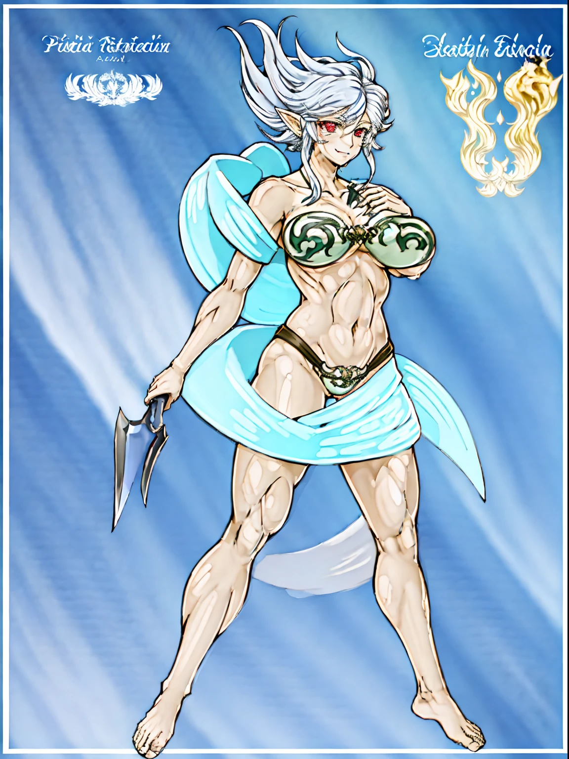 arafed image of a female character with a sword and a cape, skinny female fantasy alchemist, fey, complex fantasy character, cory chase as an atlantean, silvery skinned male elf, sexy pudica pose gesture, lady palutena, sfw version, pixiv contest winner, fantasy character, blue-skinned elf, fus rei, palutena, smile, red eyes, full body