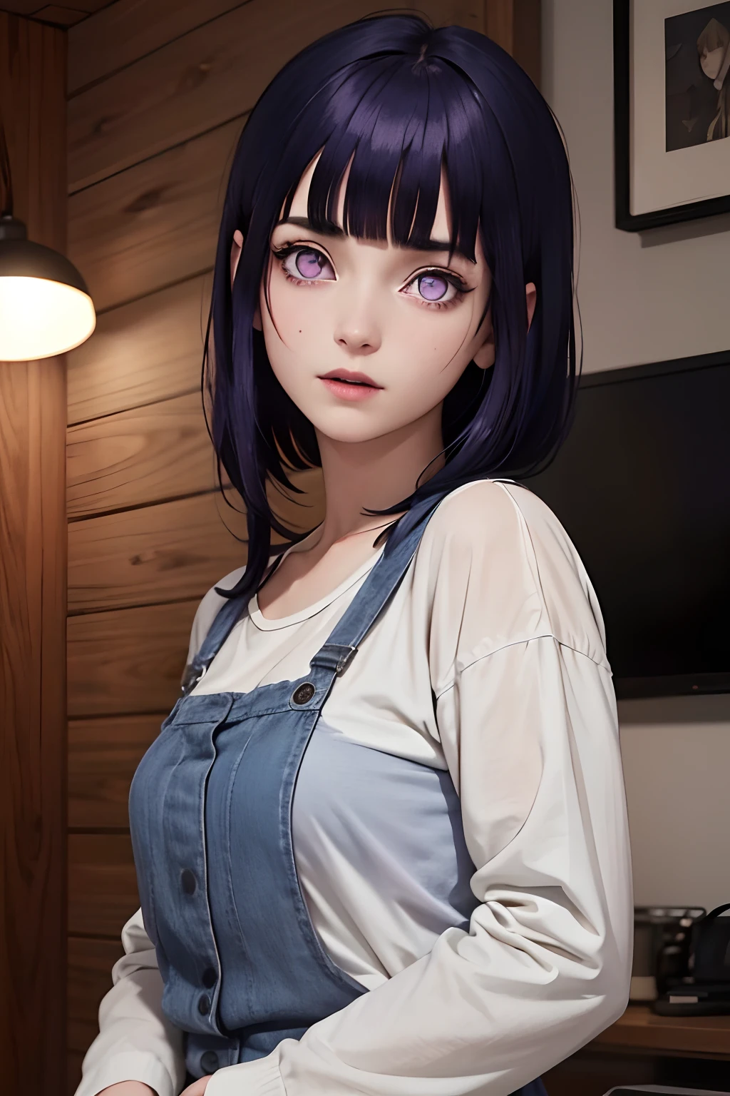 best quality, masterpiece, still frame from a horror movie,Blunt Bangs, purple eyes, dark blue hair,a girl