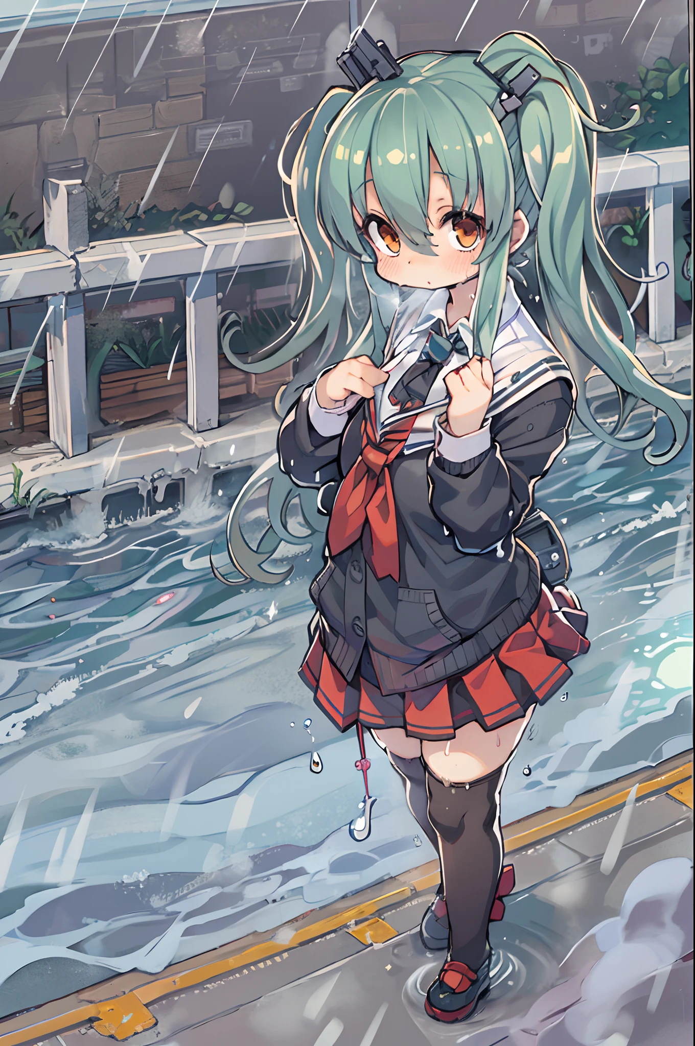 Best Quality, hight resolution, absurderes, Ultra-detailed, Suzuya_(kancolle), 1girl in, long_hair, Skirt, Solo, Shirt, Rain, Wet_Clothes, hair_ornament detached, Wet, Underwear, pleats_Skirt, See-through, bowtie, Red_Bow、bbw、thick thight、big butts、Ultramammy