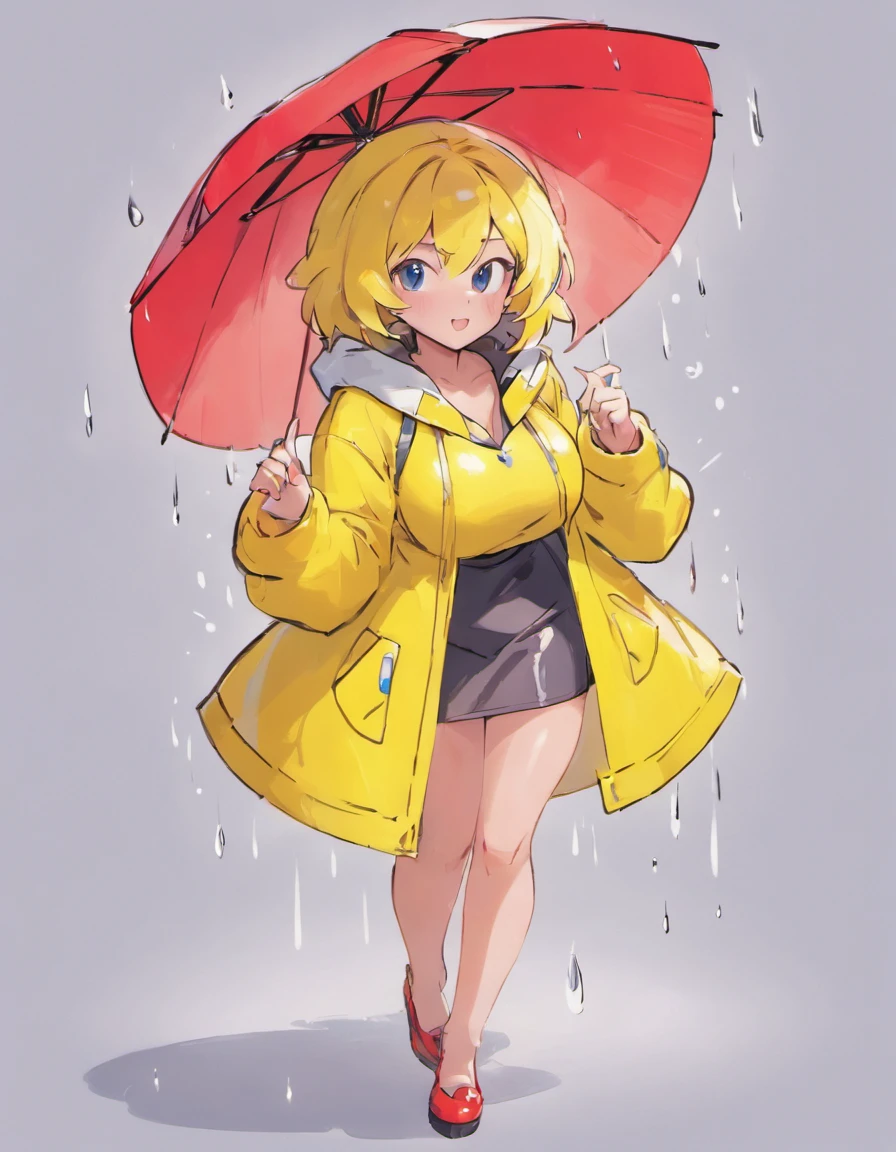 can you draw a milf in a pvc yellow rain coat and red umbrella drawn by sowsow, the milf has large breasts and is about 50 years of age, mature woman, tall veru large breasts, short blue mini skirt,