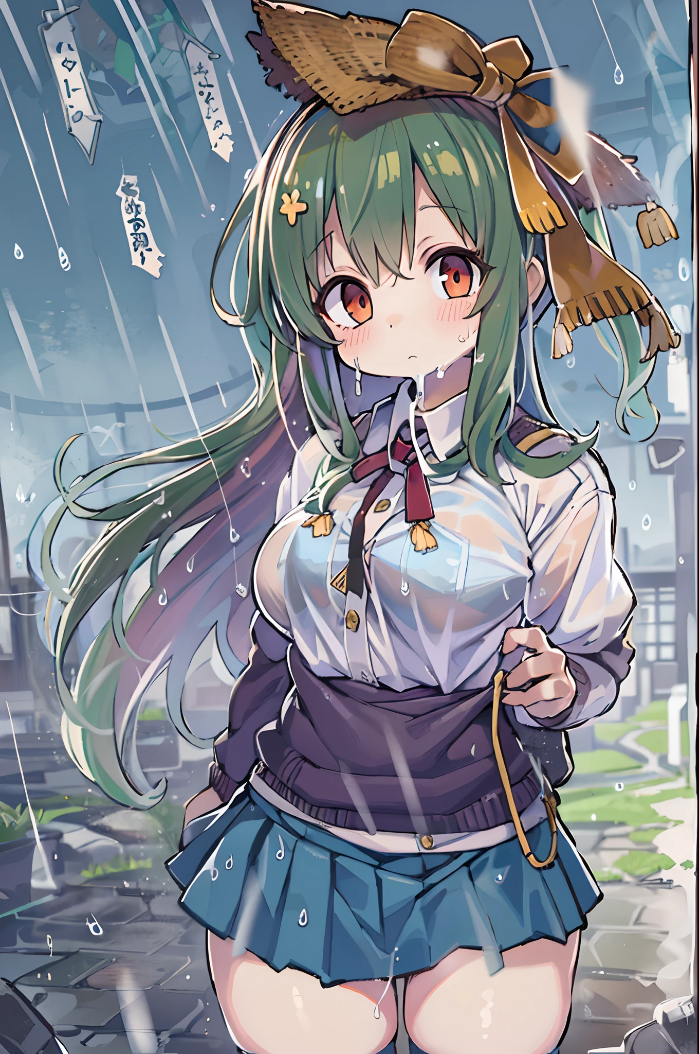 Best Quality, hight resolution, absurderes, Ultra-detailed, Suzuya_(kancolle), 1girl in, long_hair, Skirt, Solo, Shirt, Rain, Wet_Clothes, hair_ornament detached, Wet, Underwear, pleats_Skirt, See-through, bowtie, Red_Bow、bbw、thick thight、big butts、Ultramammy