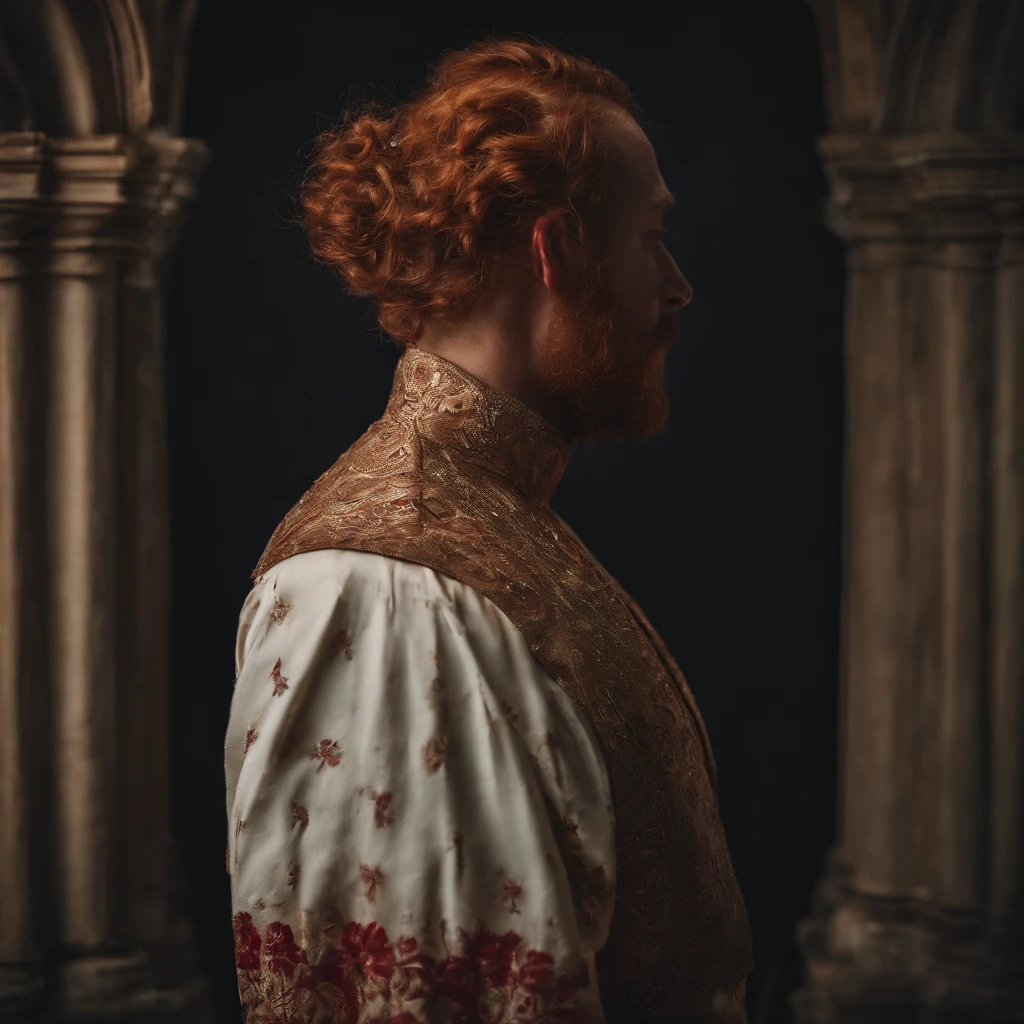 flower4rmor, photo of a Irish man wearing flower bodysuit, fantasy medieval city background, dynamic movement, indoors, red hair, realistic, masterpiece, intricate details, detailed background, depth of field,