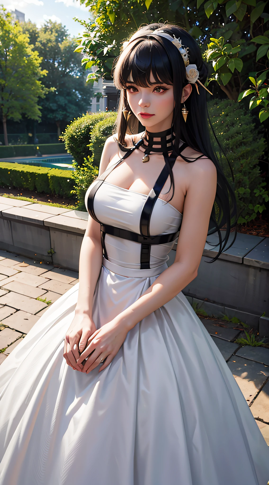 1girl,solo,cowboy shot,white dress,white pantyhose,mini crown,necklace,bridal gauntlets,long hair,garden,<lora:665_argus_768_2e4_4e5_a:0.8>, masterpiece, best quality,incredibly absurdres, 1girl,