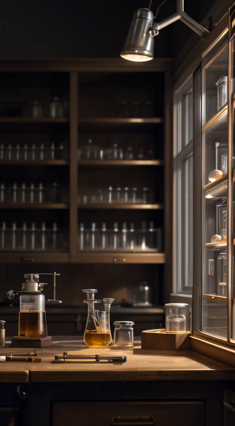 a doctor in a laboratory, (best quality,4k,8k,highres,masterpiece:1.2), ultra-detailed, realistic:1.37, vintage atmosphere, vintage medical equipment, meticulous workbench, scientific experiments, dim lighting, beakers, test tubes, microscope, dusty books, wooden shelves, glass bottles, metal instruments.
