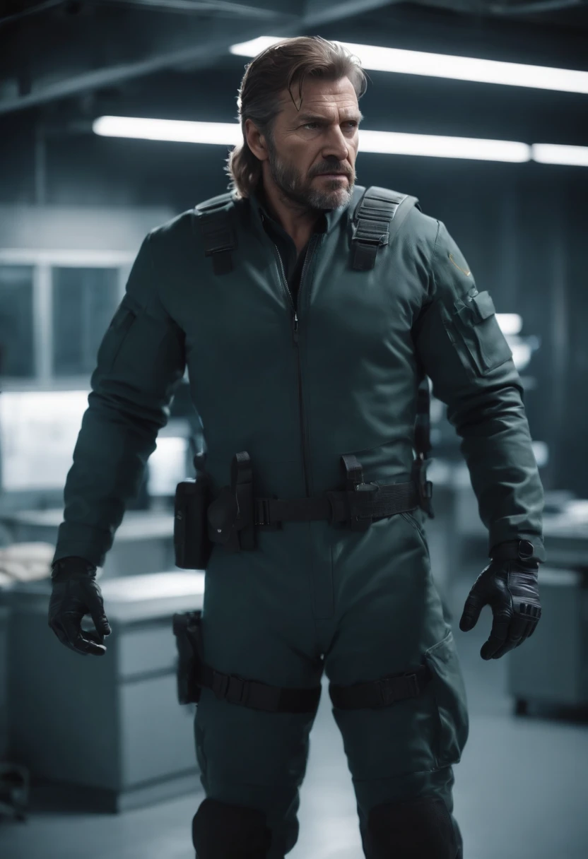 Big Boss standing in the advanced Metal Gear laboratory. Highly realistic.