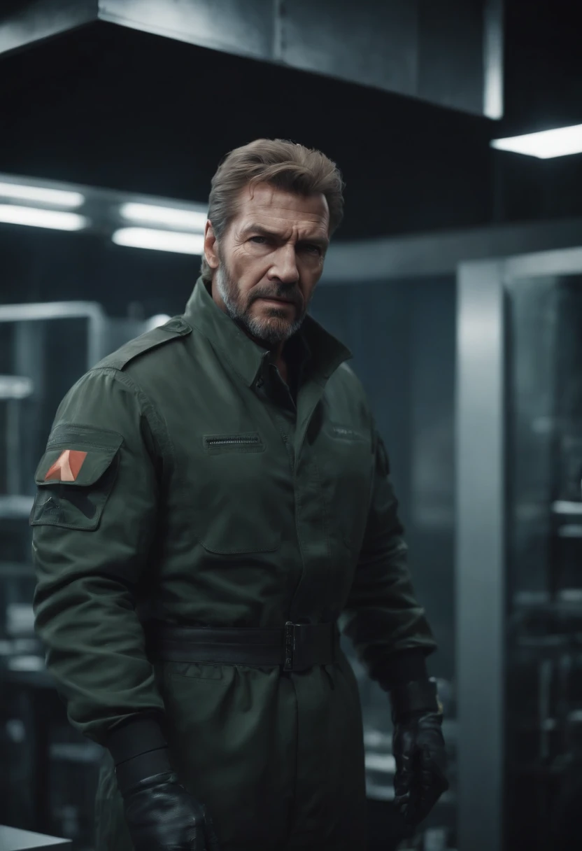 Big Boss standing in the advanced Metal Gear laboratory. Highly realistic.