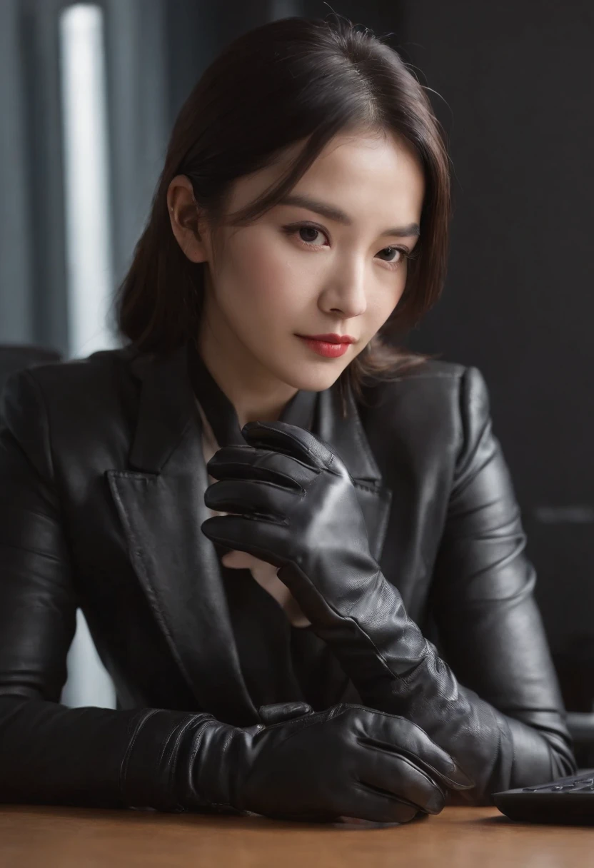 Wearing black leather gloves in both hands, upper body, black business suit, facing the desk in my room with a computer in the dark, tapping the keys of the computer keyboard with the fingertips of black leather gloves while looking at the screen, black hair bundled in the back for a long time, Japanese female new employee (black leather gloves cover both hands) (angle is in the front)