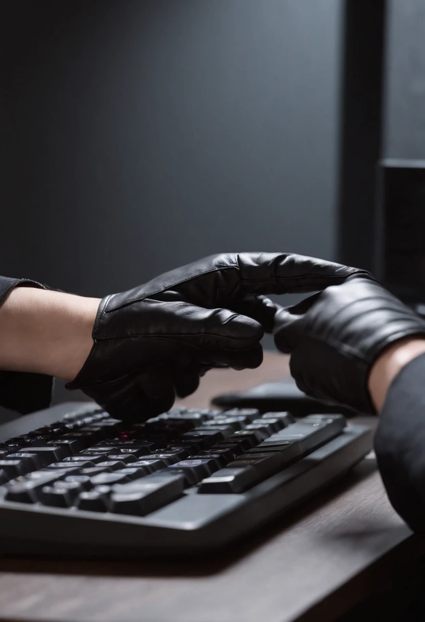 Wearing black leather gloves in both hands, upper body, black business suit, facing the desk in my room with a computer in the dark, tapping the keys of the computer keyboard with the fingertips of black leather gloves while looking at the screen, black hair bundled in the back for a long time, Japanese female new employee (black leather gloves cover both hands) (angle is in the front)