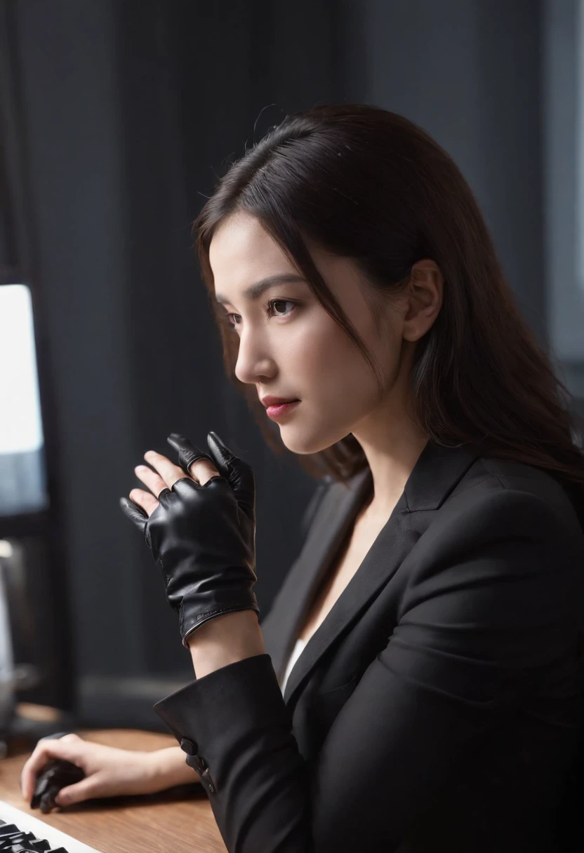Wearing black leather gloves in both hands, upper body, black business suit, facing the desk in my room with a computer in the dark, tapping the keys of the computer keyboard with the fingertips of black leather gloves while looking at the screen, black hair bundled in the back for a long time, Japanese female new employee (black leather gloves cover both hands) (angle is in the front)
