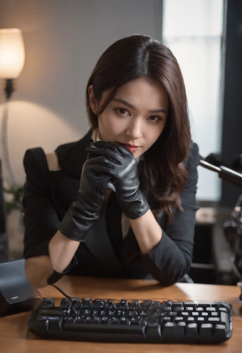 Wearing black leather gloves in both hands, upper body, black business suit, facing the desk in my room with a computer in the dark, tapping the keys of the computer keyboard with the fingertips of black leather gloves while looking at the screen, black hair bundled in the back for a long time, Japanese female new employee (black leather gloves cover both hands) (angle is in the front)