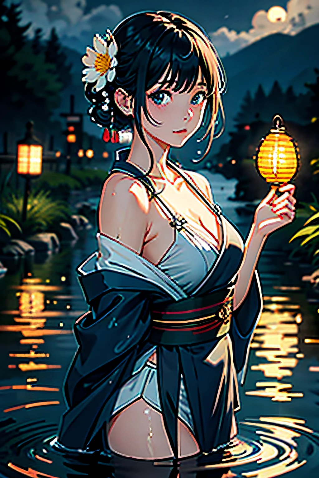 1girl, breasts, moon, lantern, night, solo, large breasts, hair ornament, wet, kimono, japanese clothes, wading, water, hair flower, flower, outdoors, sky, full moon, rain, black hair, off shoulder, mountain, cloud, holding, sash, bare shoulders, paper lantern, standing, white kimono, night sky, sideboob, obi, wet clothes, bangs, tree, from side, reflection, short hair, cloudy sky, wet hair (((masterpiece),(extremely detailed CG unity 8k wallpaper),best quality,,solo,1girl,cinematic lighting,detailed background,beautiful detailed eyes,bright pupils, (an extremely delicate and beautiful),(Beautiful and detailed eye description)， ultra-detailed,masterpiece,)),