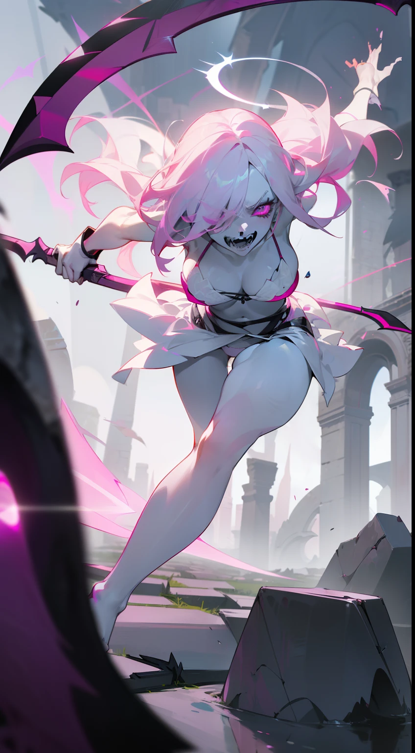 1girl,mature female,solo focus,glowing magenta eye,colored sclera,white hair, long hair,(((pale skin,extremy white skin,hair over one eye,halo pink))), sharp teeth, open mouth,(((medium breasts,glossy body))),((white bra,white bikini,white skirt,bare feet)),(((villain,psycho,villain smile, psychopath,angry))),(((running in front a stones ruins in night,attacking holding a magic magenta Scythe))),masterpiece,hd,best quality,8k,detailed face,close-up on face