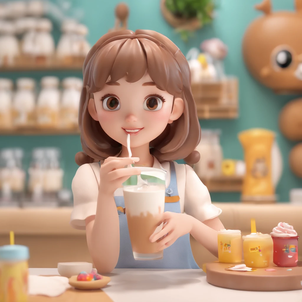drinking milk, Super Cute Girl IP from Pop Mart, bright eyes, angel, Little white dress, clay, brown shiny hair, Model, Blind Box Toys, Bright and delicate, Clean background, Good brightness, 3d rendering, Top Good Quality