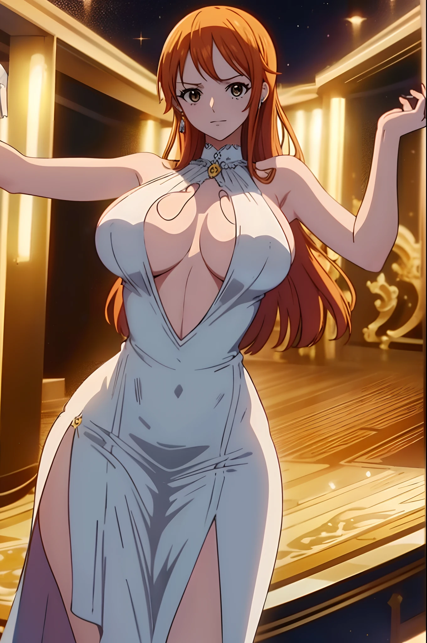 NSFW, pornographic, Nami ( one piece) in a luxurious white and gold dress, (au casino), style wano, porte une robe transparente, Beautiful elegant outfit, huge breasts, Beautiful bulging ass, belle chatte