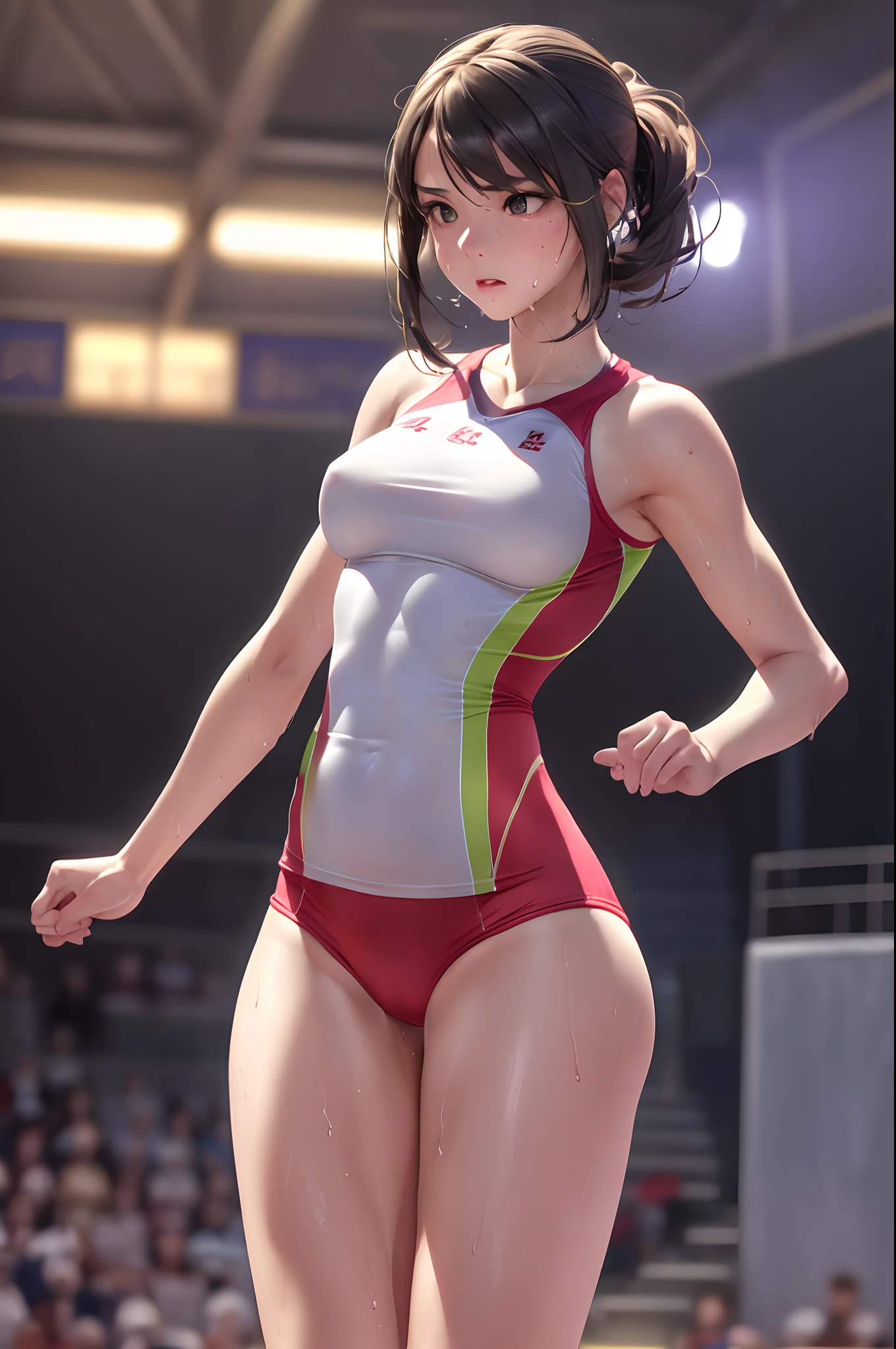 1girl in, (8K, Raw photo, Best Quality:1.2), (Realistic, Photorealsitic:1.37), Solo,Ultra-detailed,volleyball player,jump,Teenage girl, (Detailed beautiful face)small head,Cute face, Large breasts,Narrow waist,nice legs,  (Detailed realistic skin),shiny skins ,Wet skin,Sweat,  Sporty,At the volleyball venue