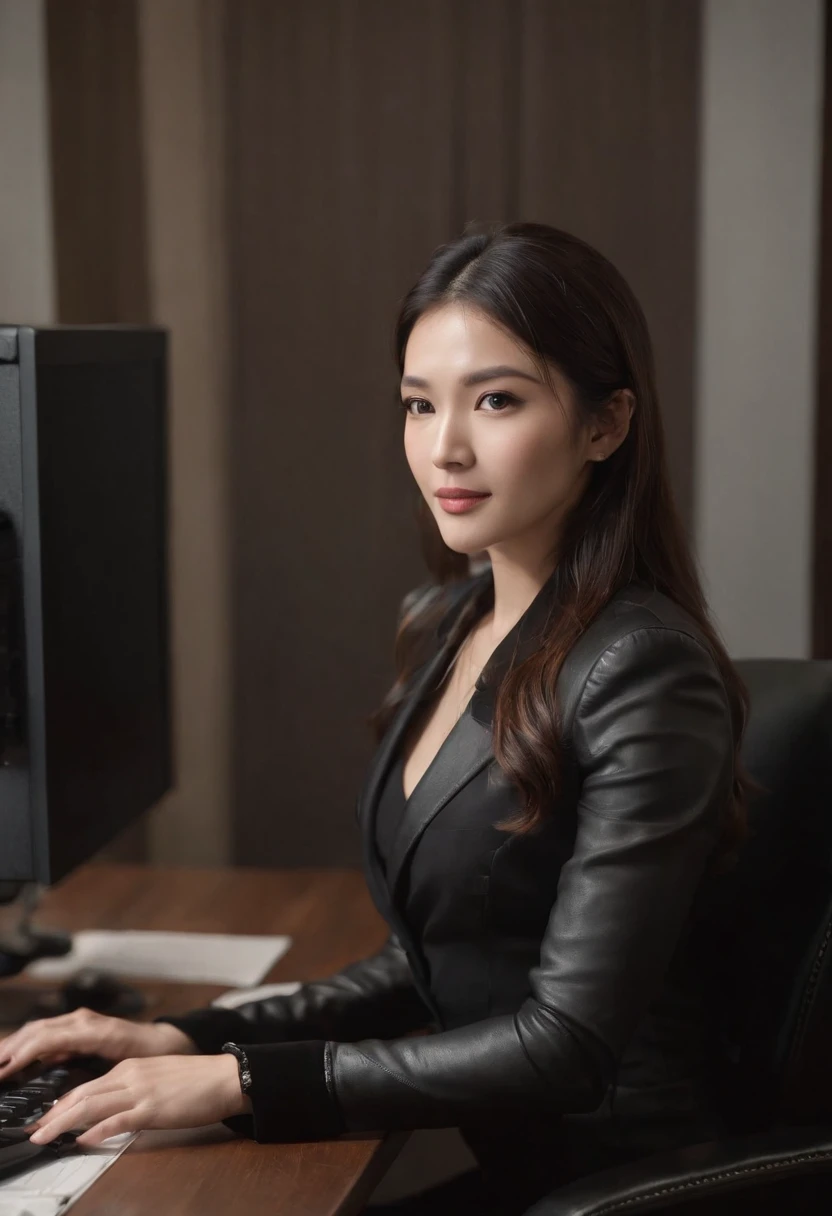 Wearing black leather gloves in both hands, upper body, black business suit, facing the desk in my room with a computer in the dark, tapping the keys of the computer keyboard with the fingertips of black leather gloves while looking at the screen, black hair bundled in the back for a long time, Japanese female new employee (black leather gloves cover both hands) (angle is in the front)