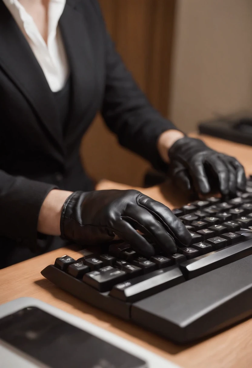 Wearing black leather gloves in both hands, upper body, black business suit, facing the desk in my room with a computer in the dark, tapping the keys of the computer keyboard with the fingertips of black leather gloves while looking at the screen, black hair bundled in the back for a long time, Japanese female new employee (black leather gloves cover both hands) (angle is in the front)