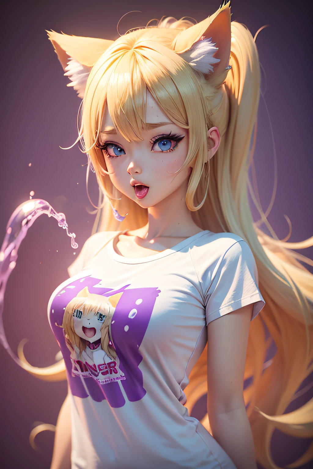 T-shirt design, anime style, blonde girl in pink and purple top with cat ears and long tongue, text "WBCUM.COM", white slime flowing down letters, 3d, 8k