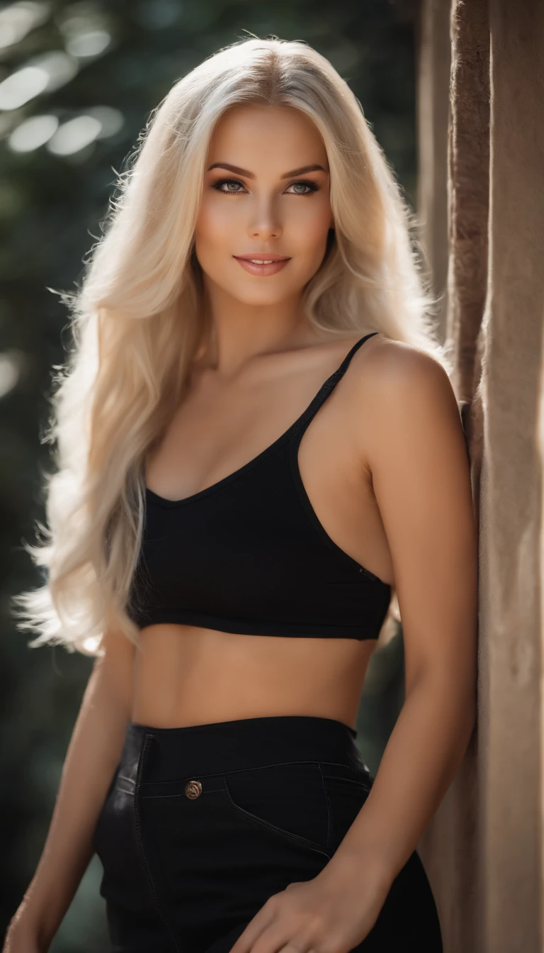 professional, (4k-photo:1.1) By (JeremyLipking:0.3), (Dietman Anna:0.3), (arian mark:0.3), (Sharp focus:1.3), High detail, Wearing (Low-top shirts:1.2), Beautiful detailed face, blue eyes, Long blonde hair, (Attractive young woman:1.3), (Seductive:1.1), (Blushing:1.1), Hourglass body type, great circle, Wide buttock, blonde goddess, tight costume, tight attire, seductive grin smile, Pretty face, Perfect white haired girl, satisfied pose, cute seductive smile, beautiful blonde girl, Good young girl, Beautiful angle, Attractive pose, Cute girl, Sexy pose, gorgeous blonde, Full body picture, full body shot of, Wearing a black skirt and boots