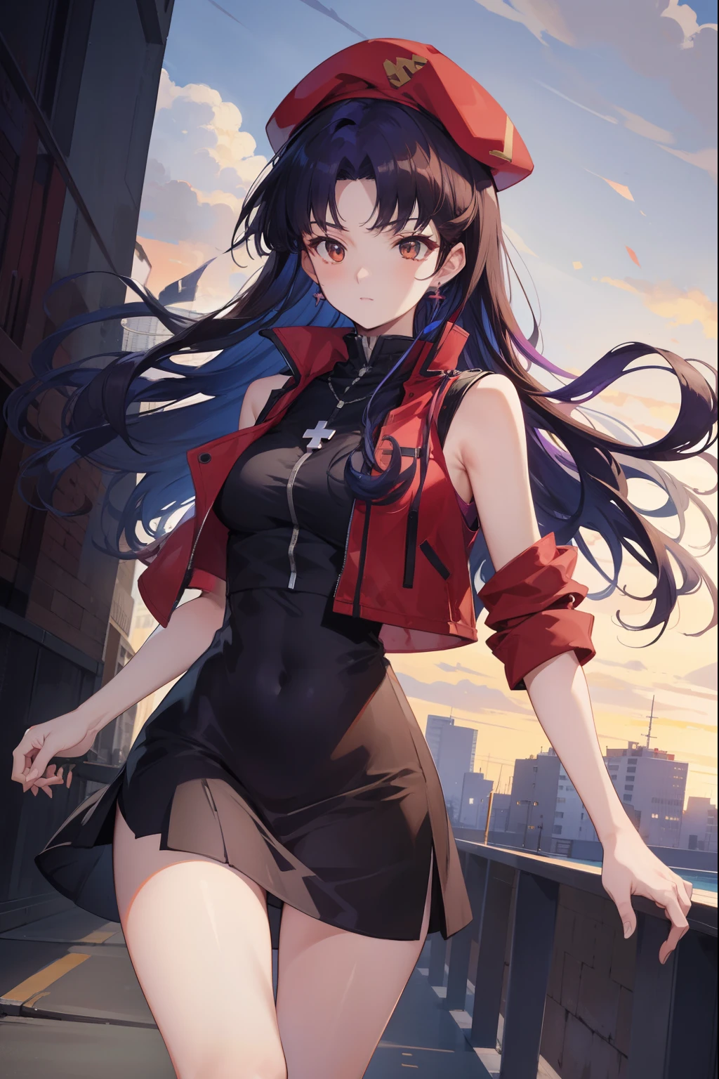 misatokatsuragi, misato katsuragi, long hair, (brown eyes:1.5), blue hair, purple hair,
BREAK hat, dress, bare shoulders, jewelry, jacket, earrings, open clothes, sleeveless, necklace, black dress, open jacket, sleeveless dress, beret, short dress, cross, red headwear, red jacket, cross necklace,
BREAK looking at viewer,
BREAK outdoors, city,
BREAK (masterpiece:1.2), best quality, high resolution, unity 8k wallpaper, (illustration:0.8), (beautiful detailed eyes:1.6), extremely detailed face, perfect lighting, extremely detailed CG, (perfect hands, perfect anatomy),