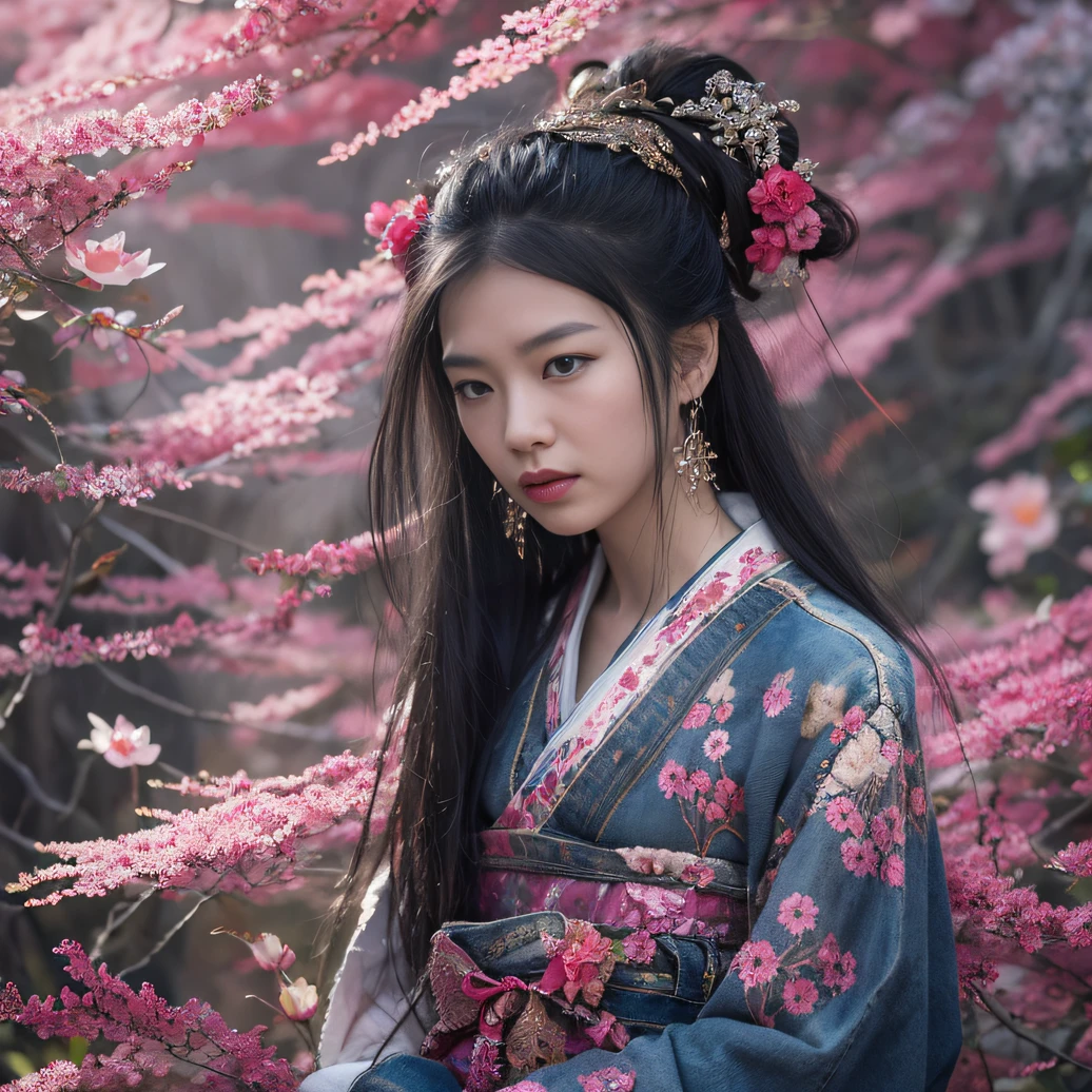 32K（tmasterpiece，k hd，hyper HD，32K）Long flowing black hair，ponds，zydink， a color， Aozhou people （Concubine girl）， （Purple silk scarf）， Combat posture， looking at the ground， long whitr hair， Floating hair， Carp pattern headdress， Chinese long-sleeved clothing， （Abstract gouache splash：1.2）， Pink petal background，Pink and white lotus flowers fly（realisticlying：1.4），Black color hair，Fallen leaves flutter，The background is pure， A high resolution， the detail， RAW photogr， Sharp Re， Nikon D850 Film Stock Photo by Jefferies Lee 4 Kodak Portra 400 Camera F1.6 shots, Rich colors, ultra-realistic vivid textures, Dramatic lighting, Unreal Engine Art Station Trend, cinestir 800，Long flowing black hair，Denim skirt