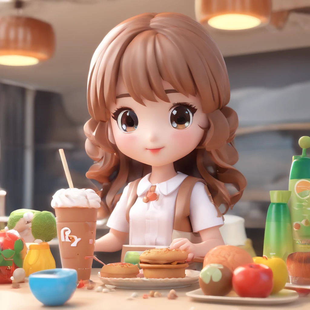 eating, Super Cute Girl IP from Pop Mart, bright eyes, angel, Little white dress, clay, brown shiny hair, Model, Blind Box Toys, Bright and delicate, Clean background, Good brightness, 3d rendering, Top Good Quality