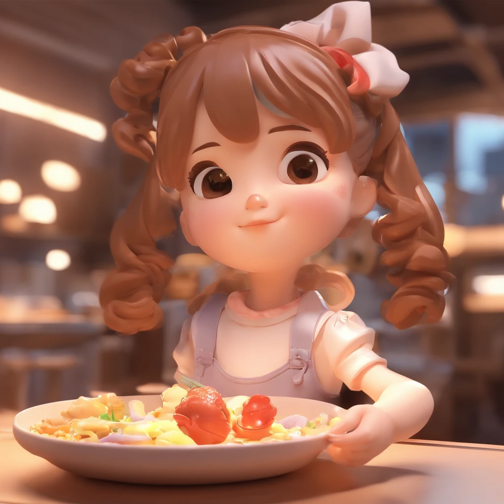 a brunette girl, master chef, red hair, background huge planet of many diverse fruits, vegetables and berries, many holes, child, toon, pixar style, 3d, pixar, cartoon, detailed face, asymmetrical, whole body, solo --auto --s2