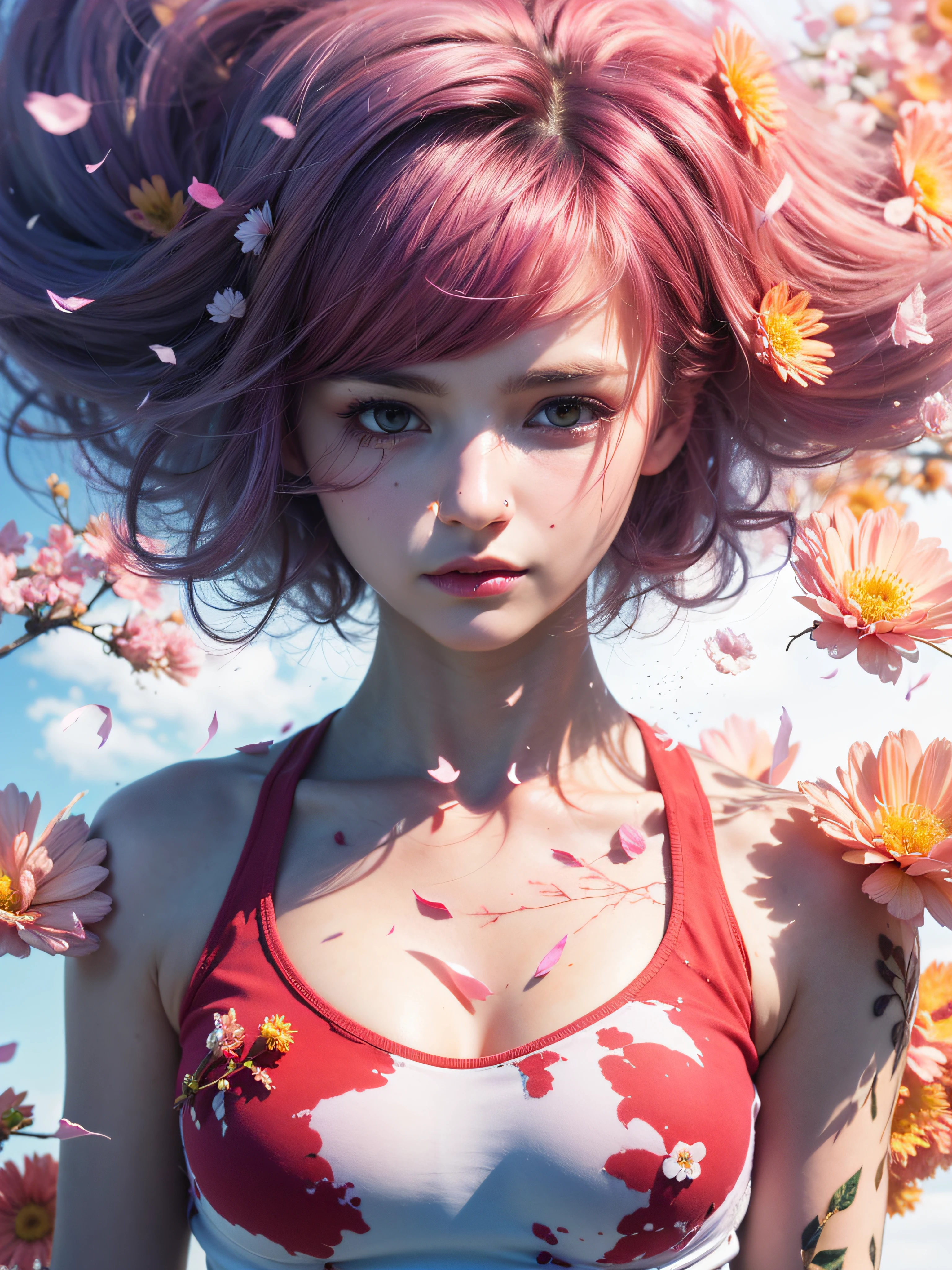 portrait of girl in center of picture with pink hairs. Her face is bruised with blood stains. Cherry flowers flying in air. Her pink hairs are flying.