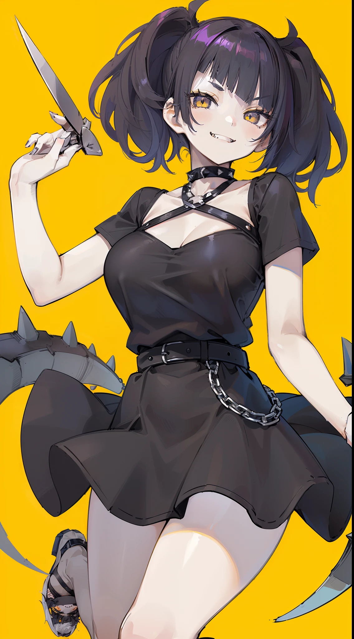 masterpiece, best quality, high quality, 1 girl, solo, Broadly Smiling, Open Mouth, Fangs Out, huge Breasts, Blush Eyeshadow, blue hair, ((Medium short hair)), ((messy Hair)), (Short hair), (((Unkempt hair))), ((big sized short twin tails)), ((diagonal bangs)), Yellow eyes, slant eyes, ((thick eyebrows)), fangs, (((Spiteful smile, smirk, fangs))), ((black short sleeve cutter shirt)), black pleated short skirt, spike choker, spike leg ring, black shoes, yellow belt, huge breasts, highly detailed fine art, (finely detailed beautiful eyes and detailed face), delicate depiction of facial features, detailed metal jewelry, sharp outline, Best Quality, masterpiece, Brilliant Colorful Paintings, yellow background
