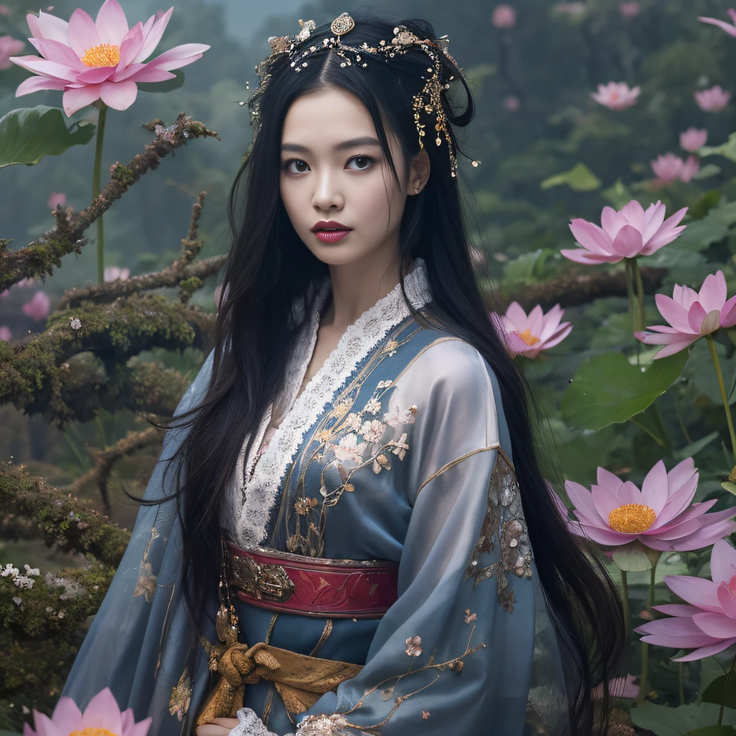 32K（tmasterpiece，k hd，hyper HD，32K）Long flowing black hair，ponds，zydink， a color， Aozhou people （Concubine girl）， （Purple silk scarf）， Combat posture， looking at the ground， long whitr hair， Floating hair， Carp pattern headdress， Chinese long-sleeved clothing， （Abstract gouache splash：1.2）， Pink petal background，Pink and white lotus flowers fly（realisticlying：1.4），Black color hair，Fallen leaves flutter，The background is pure， A high resolution， the detail， RAW photogr， Sharp Re， Nikon D850 Film Stock Photo by Jefferies Lee 4 Kodak Portra 400 Camera F1.6 shots, Rich colors, ultra-realistic vivid textures, Dramatic lighting, Unreal Engine Art Station Trend, cinestir 800，Long flowing black hair，Denim skirt