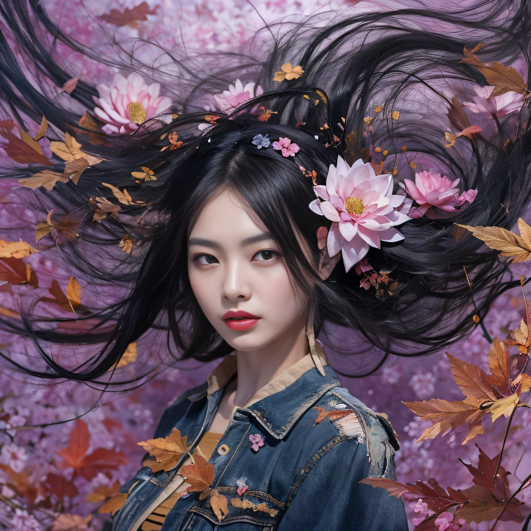 32K(tmasterpiece,k hd,hyper HD,32K)Long flowing black hair,ponds,zydink, a color, Aozhou people (Concubine girl), (Purple silk scarf), Combat posture, looking at the ground, long whitr hair, Floating hair, Carp pattern headdress, Chinese long-sleeved clothing, (Abstract gouache splash:1.2), Pink petal background,Pink and white lotus flowers fly(realisticlying:1.4),Black color hair,Fallen leaves flutter,The background is pure, A high resolution, the detail, RAW photogr, Sharp Re, Nikon D850 Film Stock Photo by Jefferies Lee 4 Kodak Portra 400 Camera F1.6 shots, Rich colors, ultra-realistic vivid textures, Dramatic lighting, Unreal Engine Art Station Trend, cinestir 800,Long flowing black hair,Denim skirt