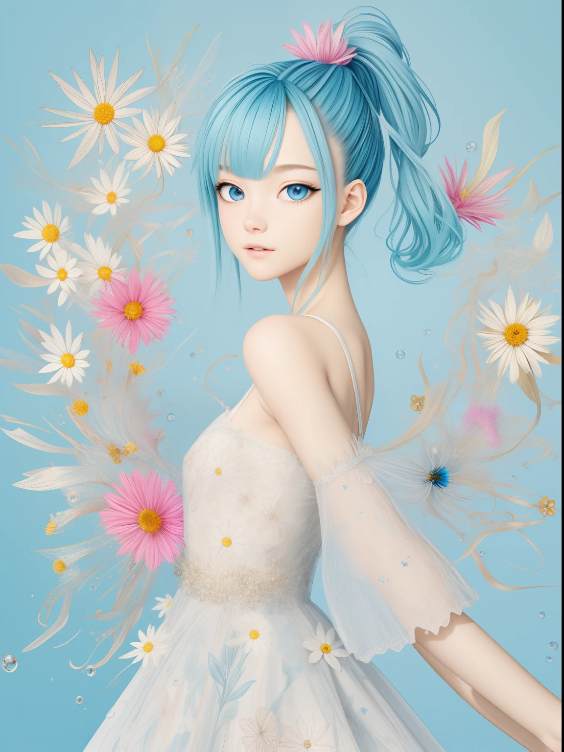 (masterpiece), (best quality), (ultra detailed),(disheveled hair),(illustration), (1girl), (Fashionable clothing), standing, Fashion model, looking at viewer, (interview), (simple background),beautiful detailed eyes, delicate beautiful face, Floating,(high saturation),(colorful splashes),colorful bubble,(shining), focus on face, ponytail, kamisato ayaka, light blue hair, bangs, hair ring, floating flowers, floating hairs, (shining), best lighting, best shadow,